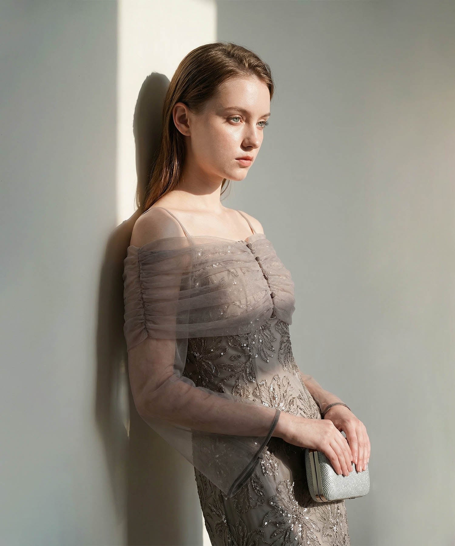 【当日発送】チュールオフショルダー花柄Iラインワンピースドレス