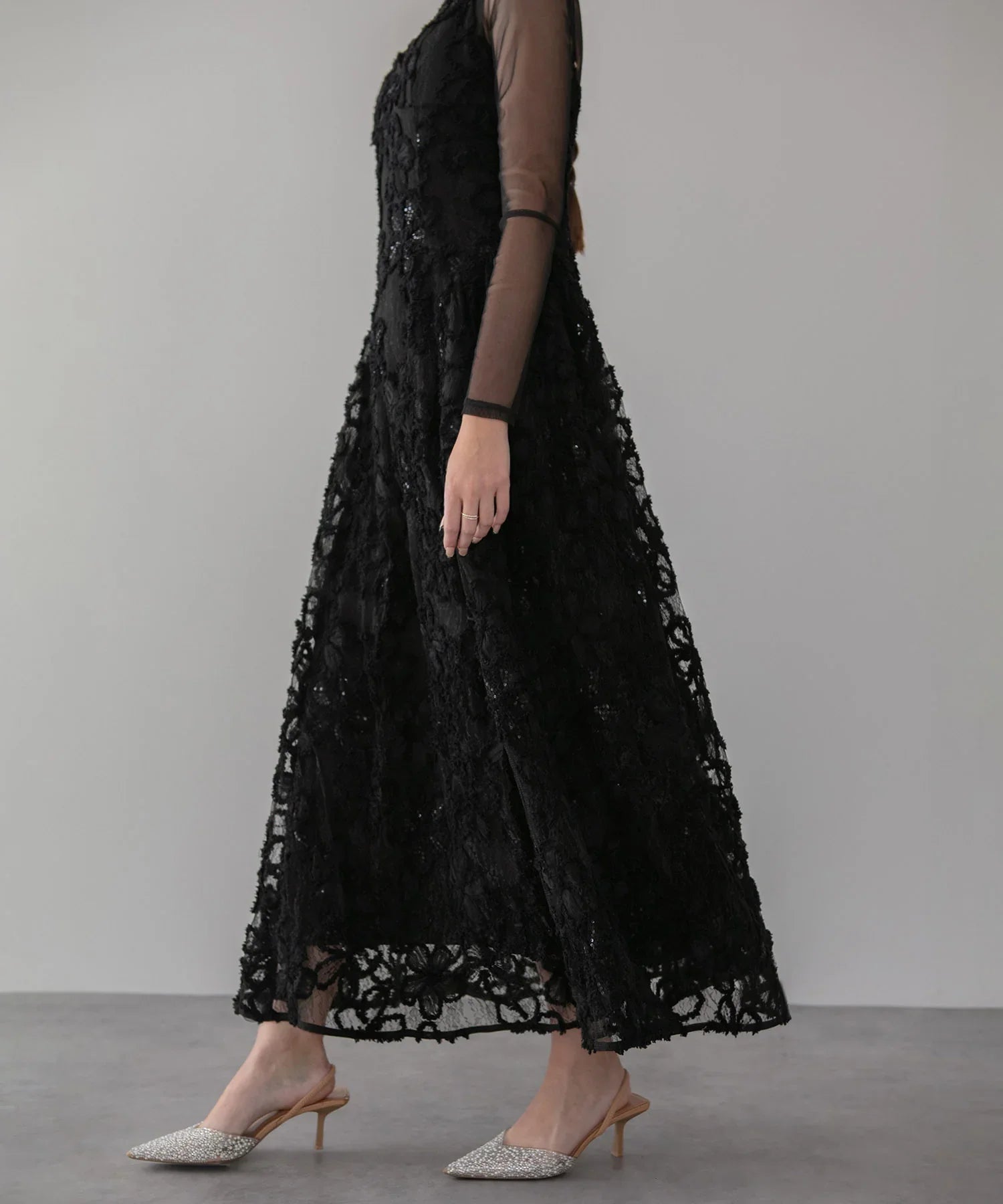 【一部当日発送】シアーフラワーレースレイヤードワンピース