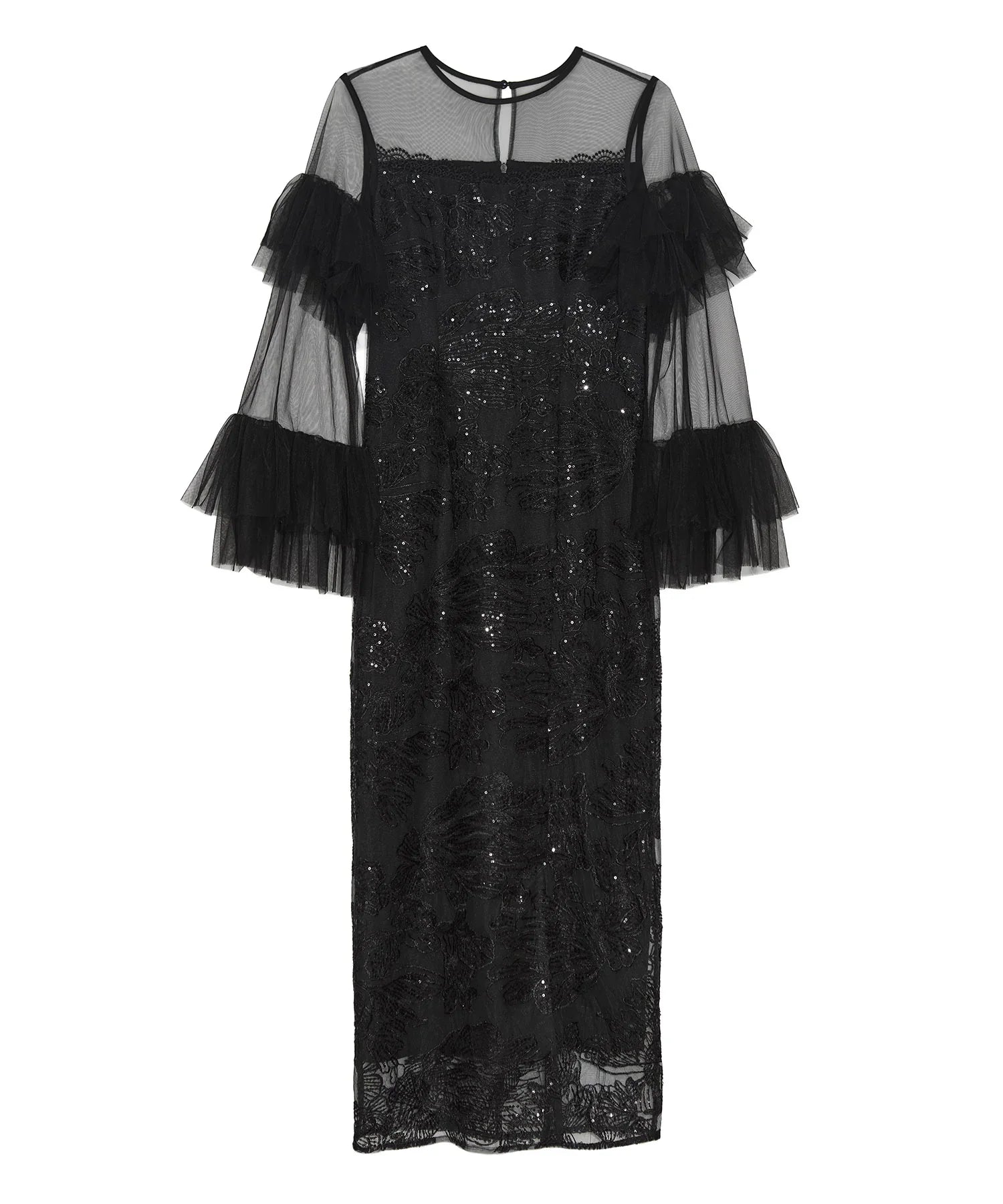 LEJA フリルチュールスリーブレースIラインワンピースドレス 当日発送】フリルチュールスリーブレースIラインワンピースドレス