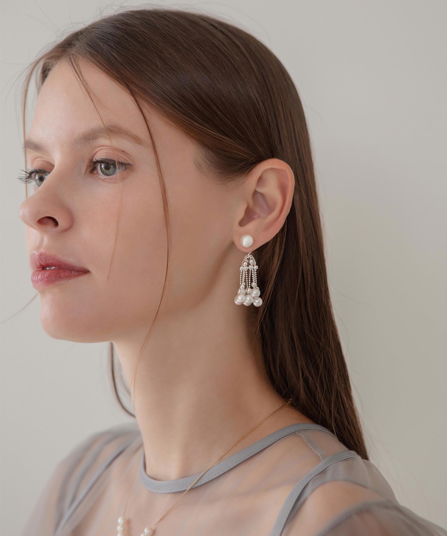 【当日発送】シルバーボールチェーンパールドロップピアス