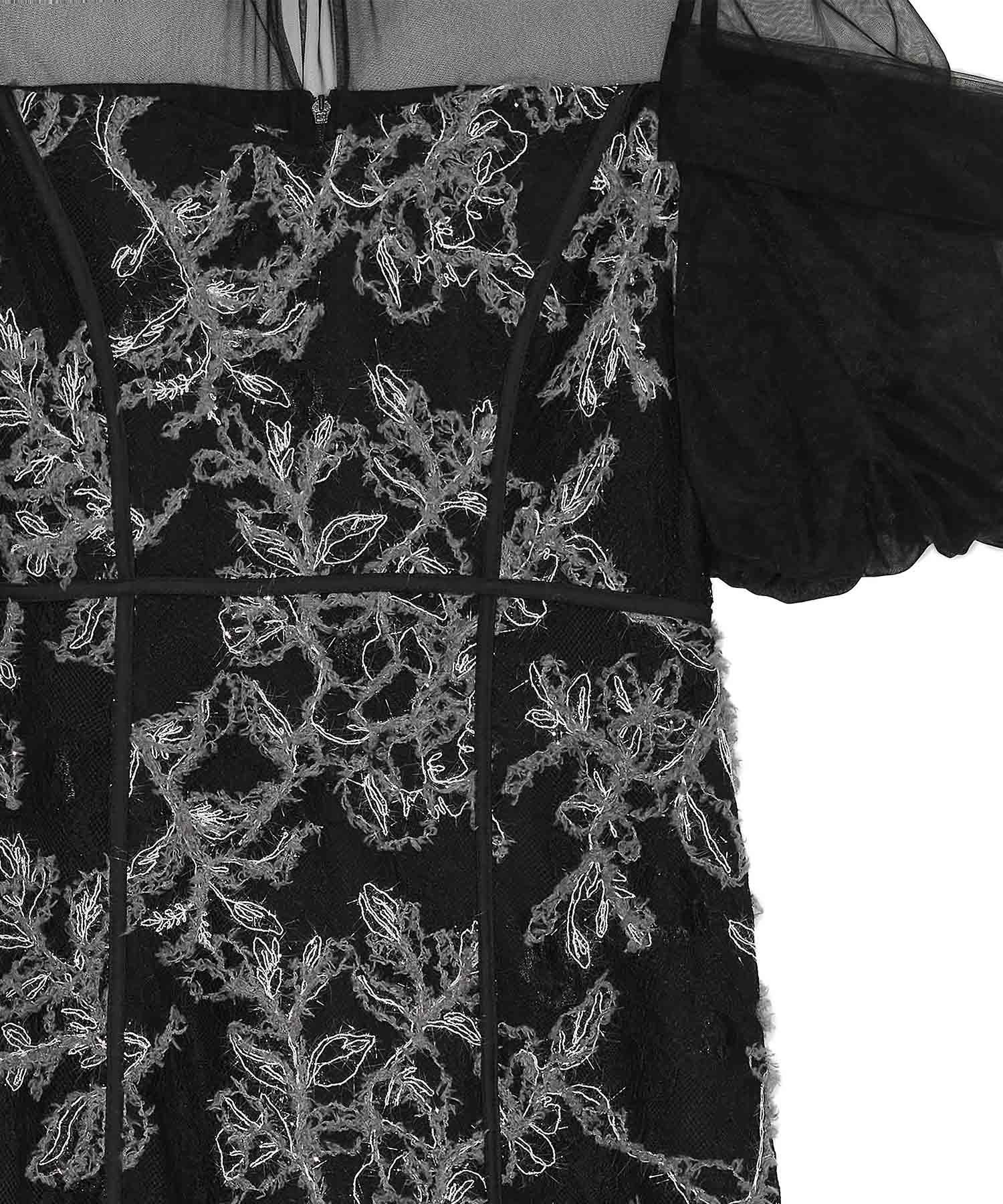 【当日発送】ラメシャギーフラワーシアースリーブＩラインワンピースドレス