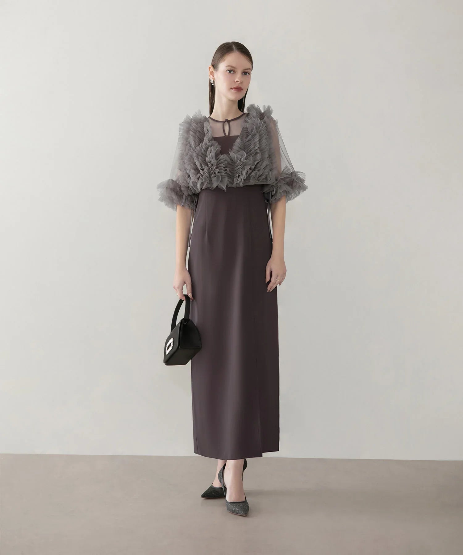 COMING SOON】チュールフリルビスチェIラインワンピースドレス