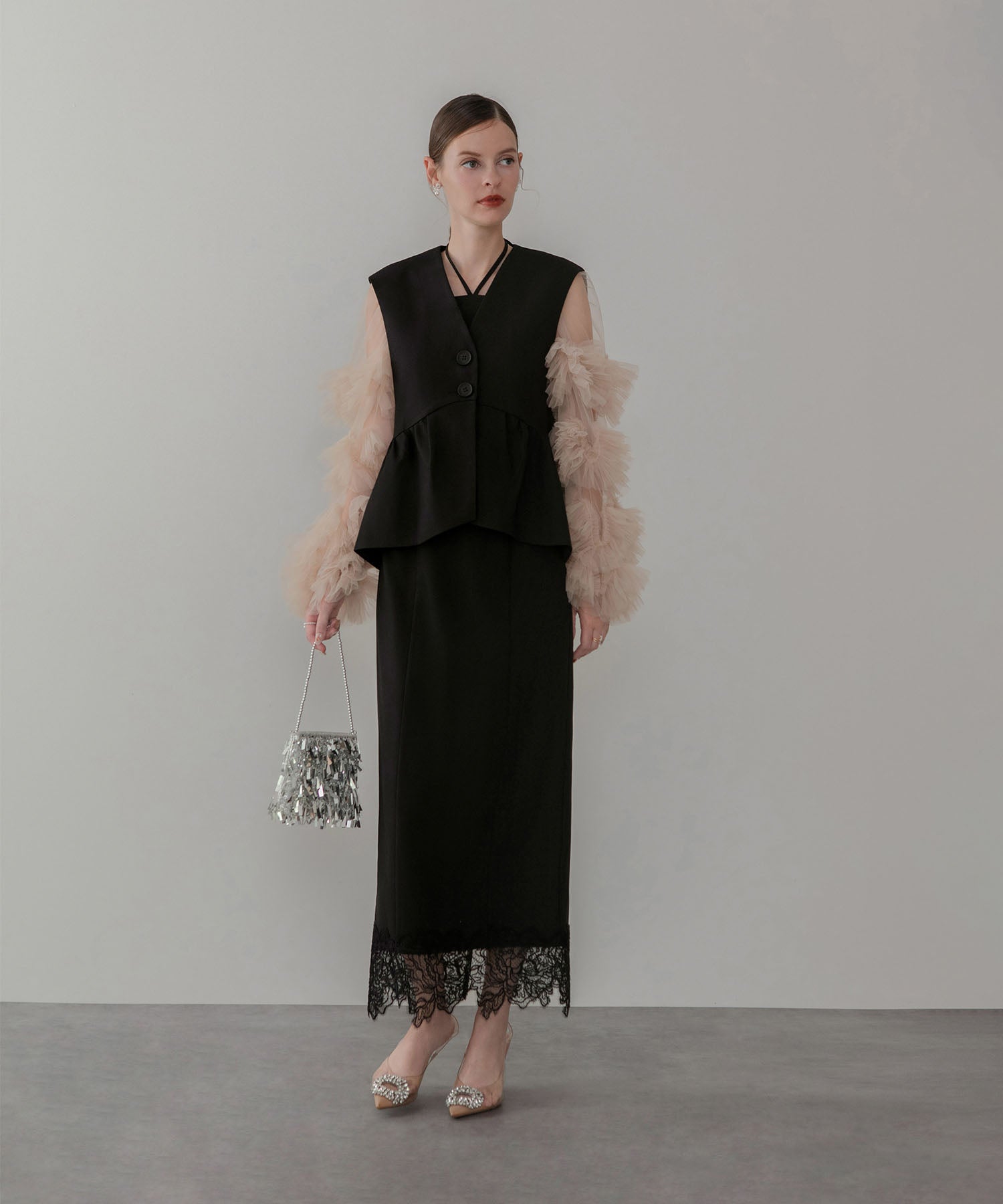 【当日発送】チュールフリルスリーブベストセットワンピースドレス