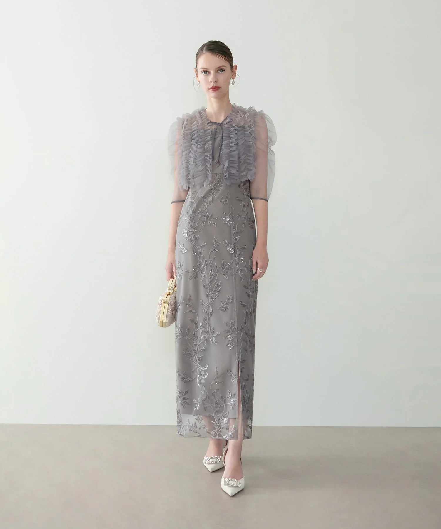 【当日発送】チュールフリルボレロフラワースパンコールＩラインワンピースドレス