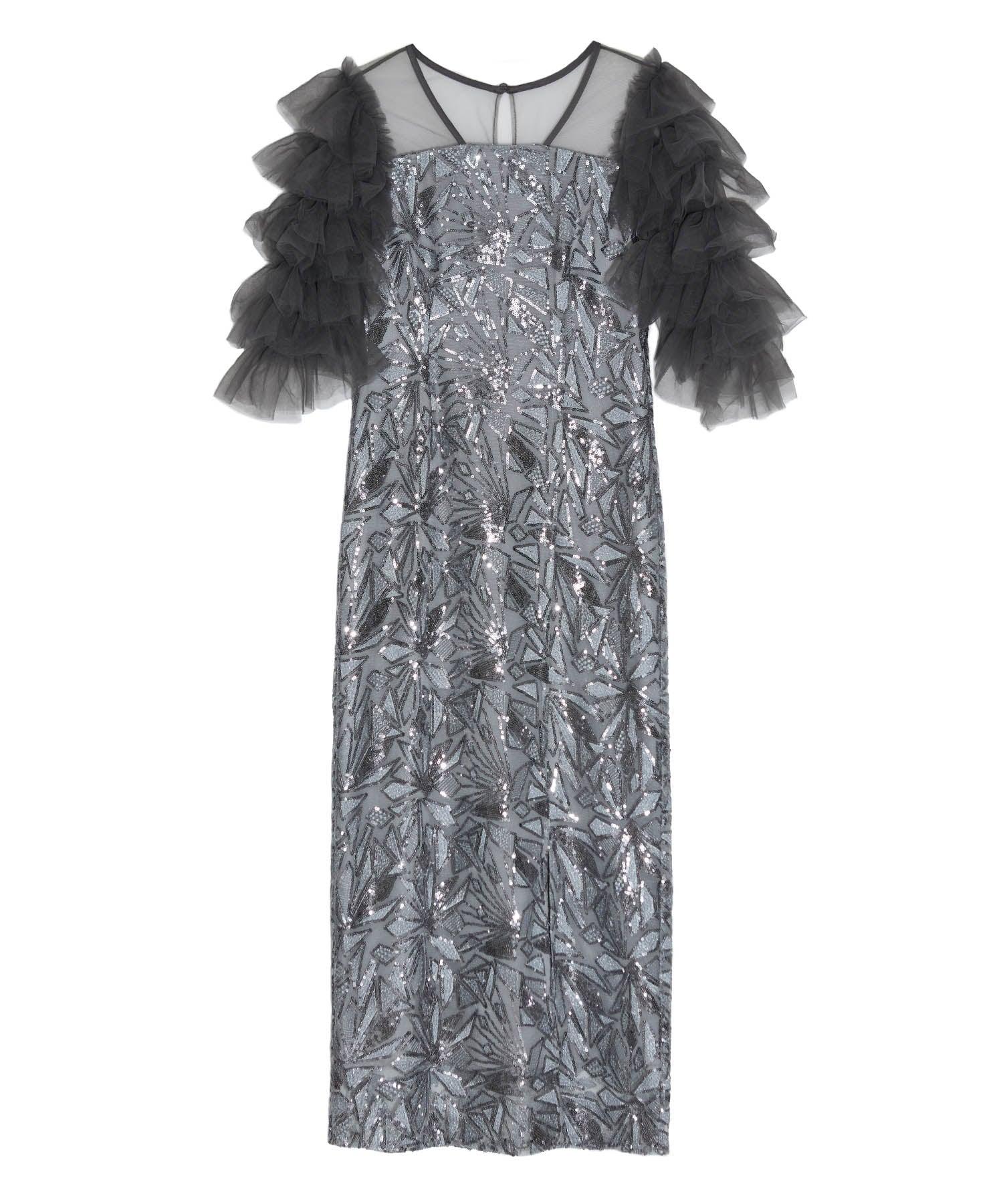 当日発送】チュールフリルスリーブスパンコールIラインワンピースドレス