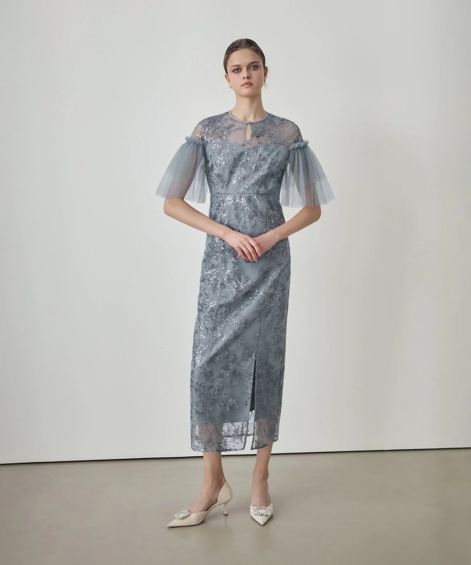 【当日発送】フラワースパンコールチュールスリーブIラインドレス