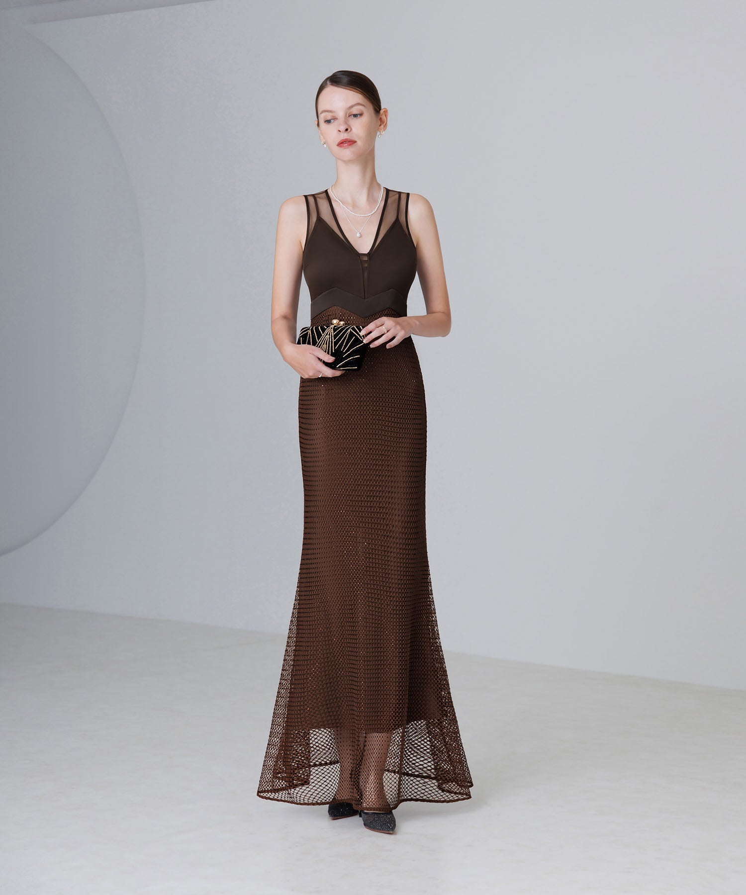 【LEJA LUXE】VネックメッシュストーンIラインドレス