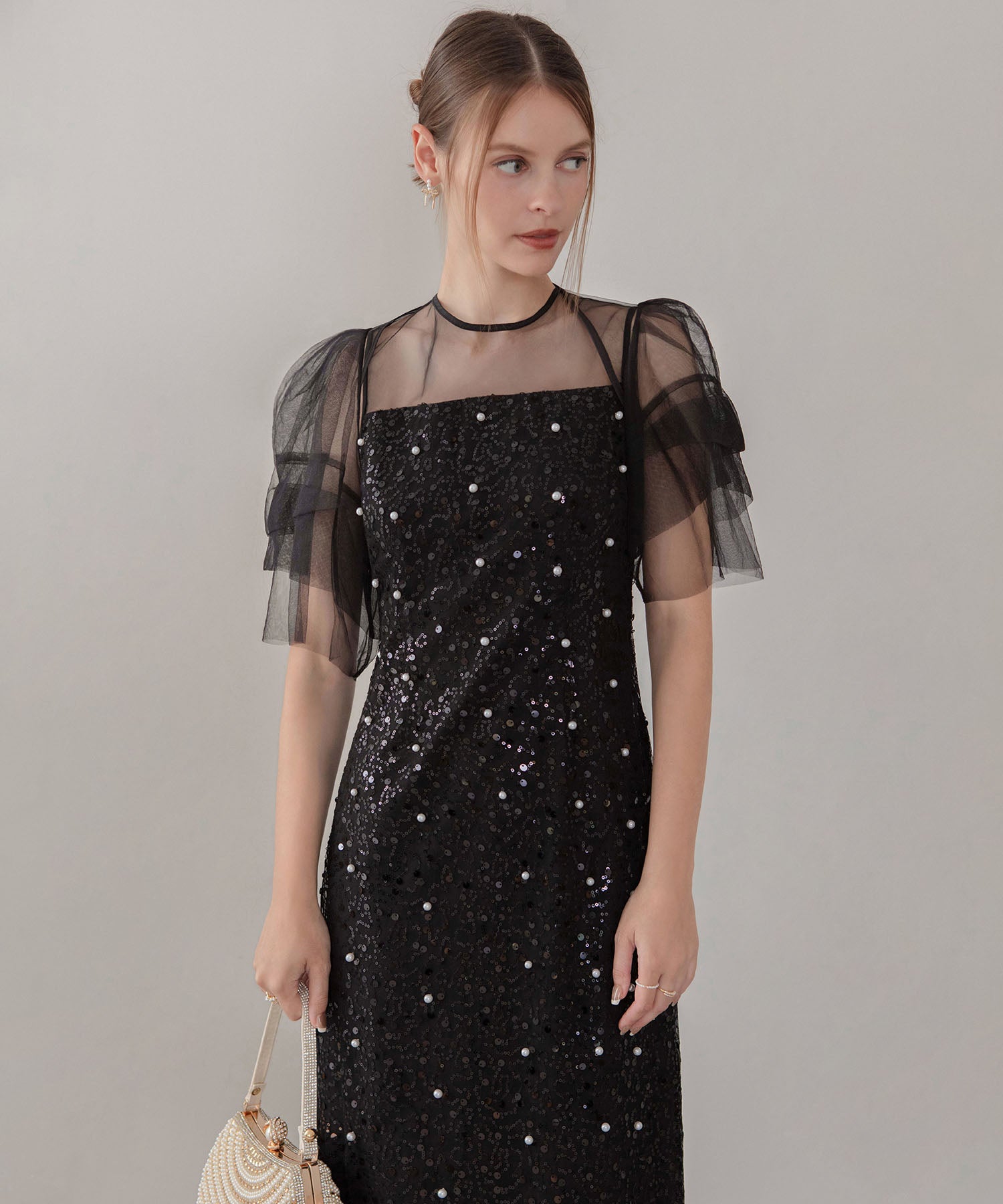 【当日発送】スパンコールパールミックスボレロIラインワンピースドレス