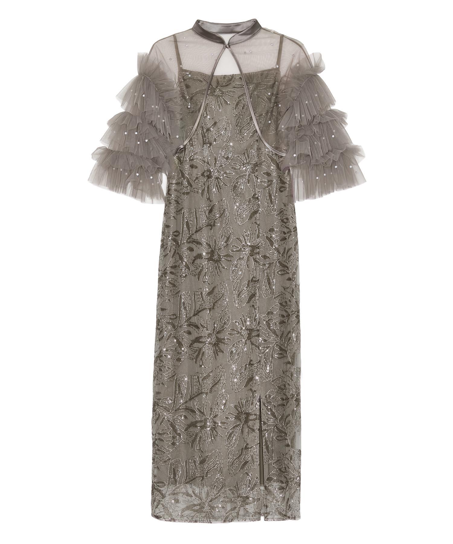 パールフリルチュールボレロレイヤードIラインワンピースドレス結婚式パーティー 当日発送】パールフリルチュールボレロレイヤードIラインワンピースドレス