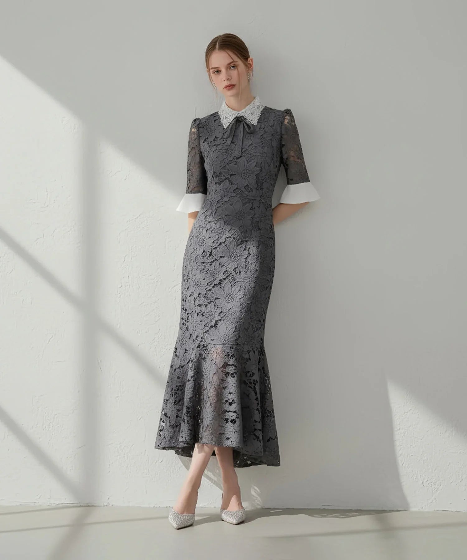 Leja パールカラーボウタイフラワーレースフィッシュテールワンピースドレス 一部当日発送】パールカラーボウタイフラワーレースフィッシュテール