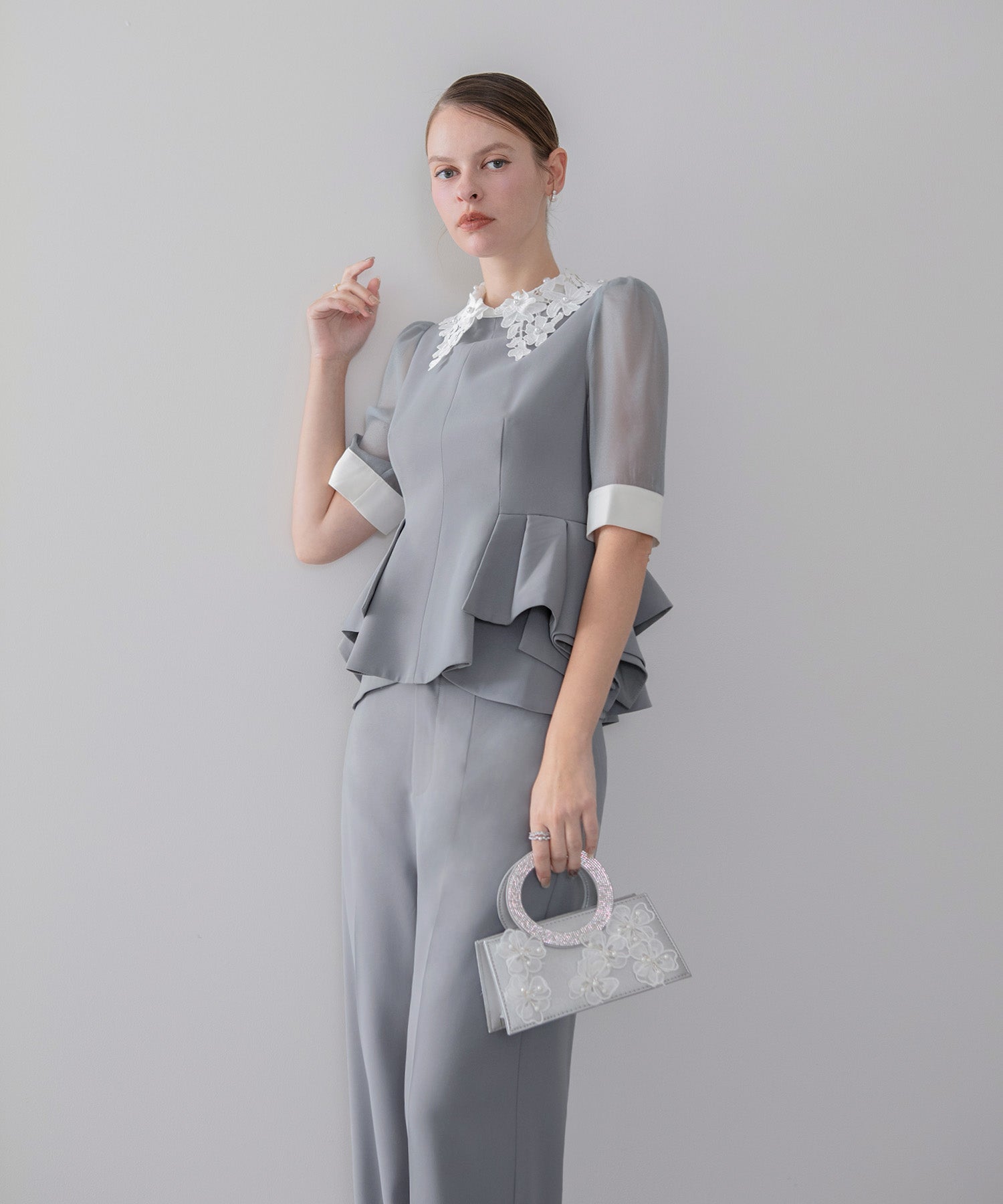 【当日発送】レースカラーペプラムブラウスパンツセットアップドレス