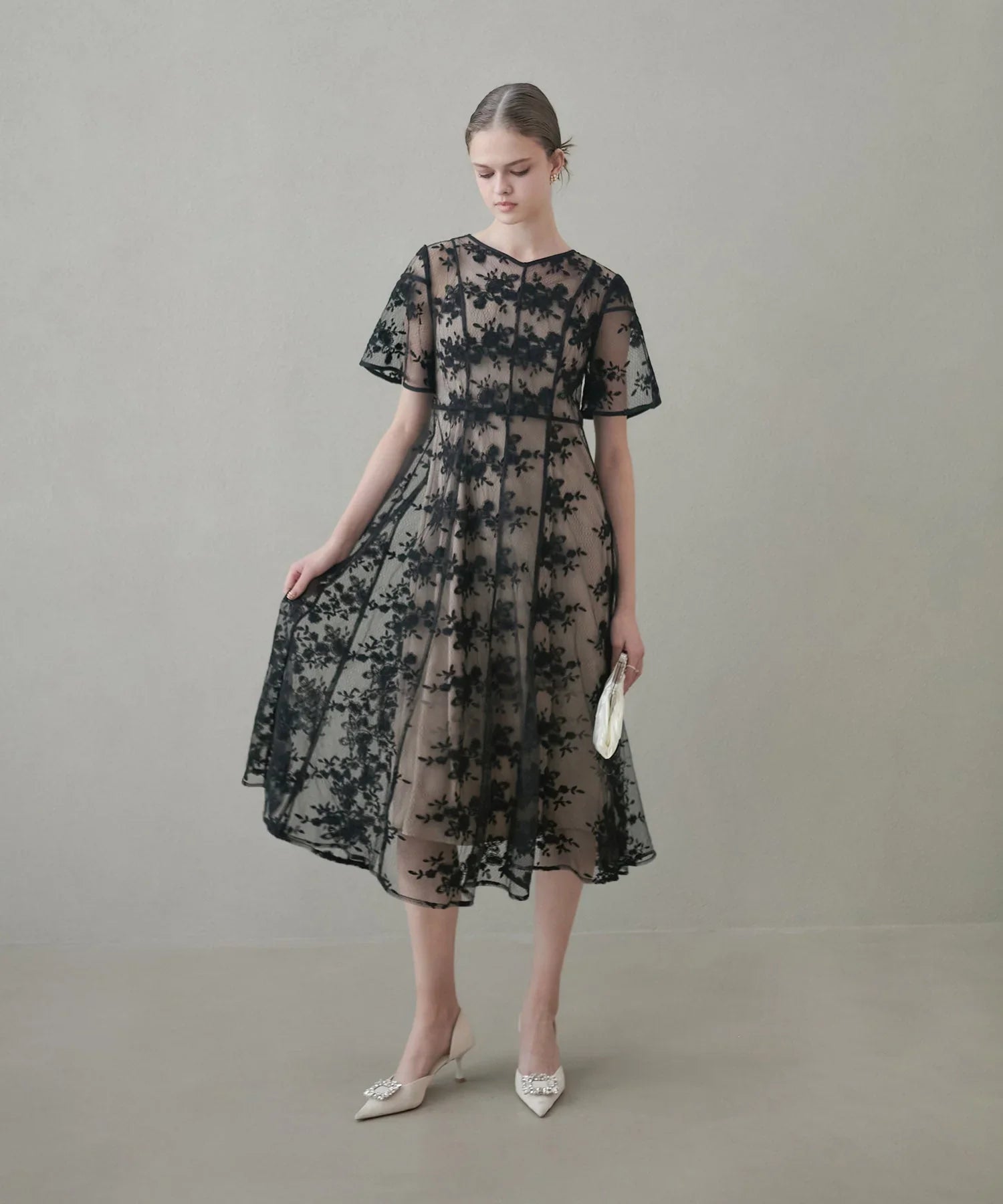 [Same-day shipping] Floral back ribbon dress set-up dress