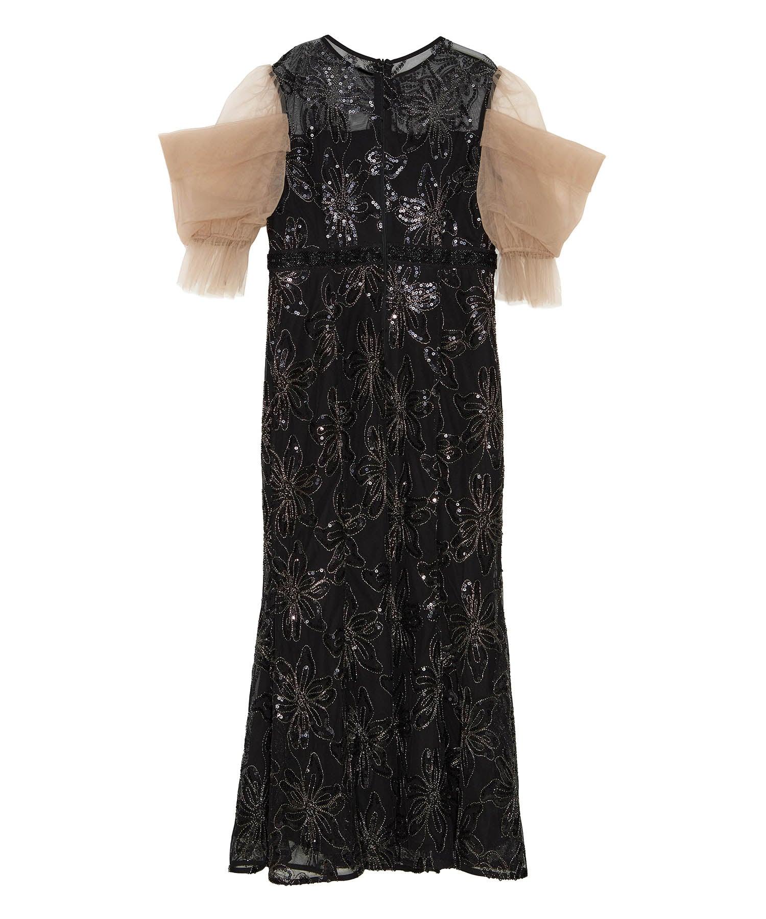 【予約販売】スパンコールフラワーリボンチュールワンピースドレス