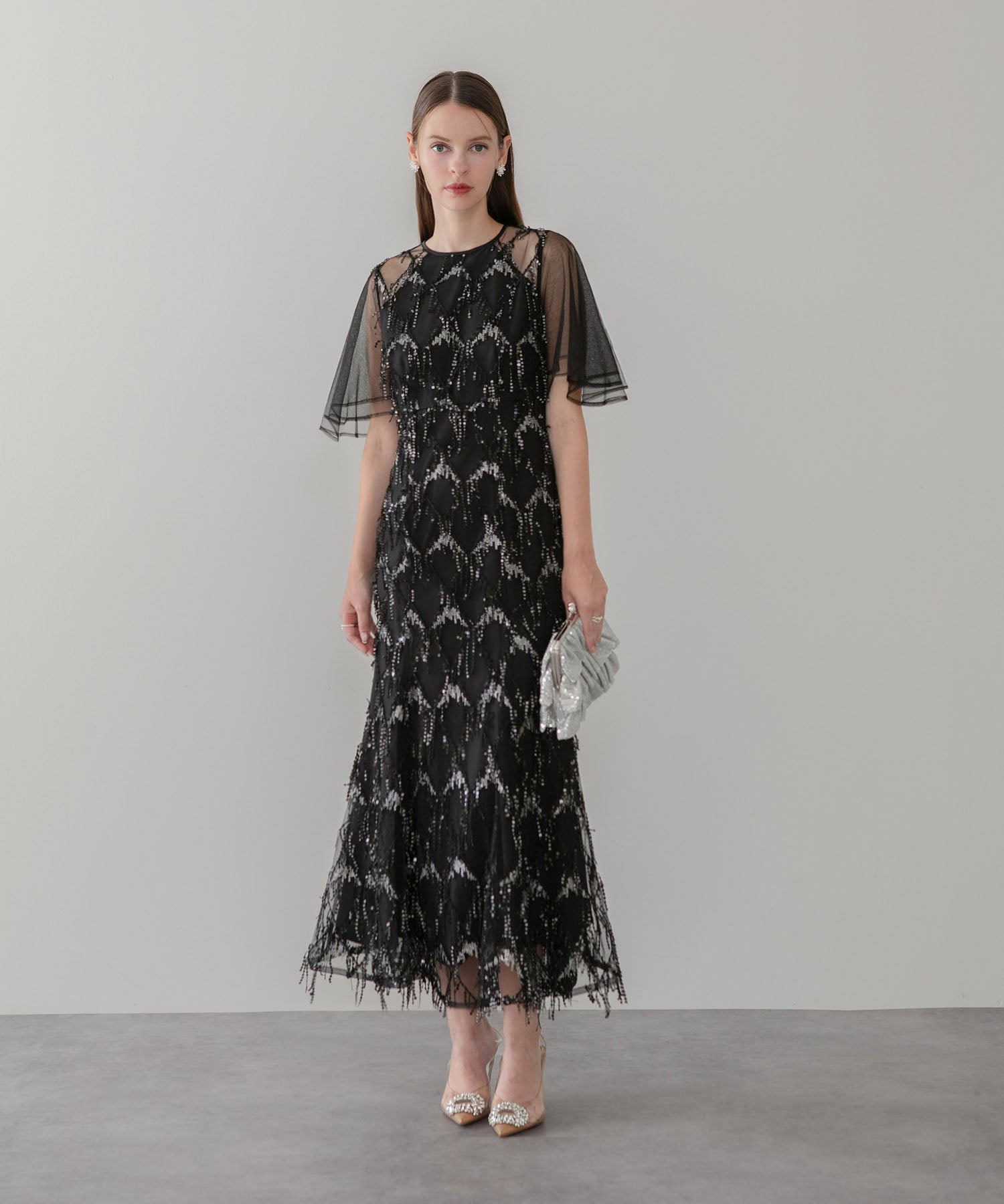 【当日発送】チュールスリーブスパンコールマーメイドワンピースドレス