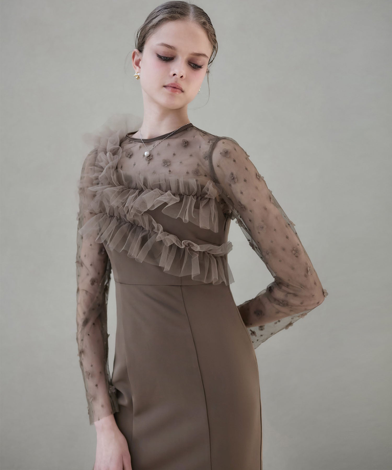 【当日発送】フラワーモチーフアシンメトリーチュールマーメイドワンピースドレス