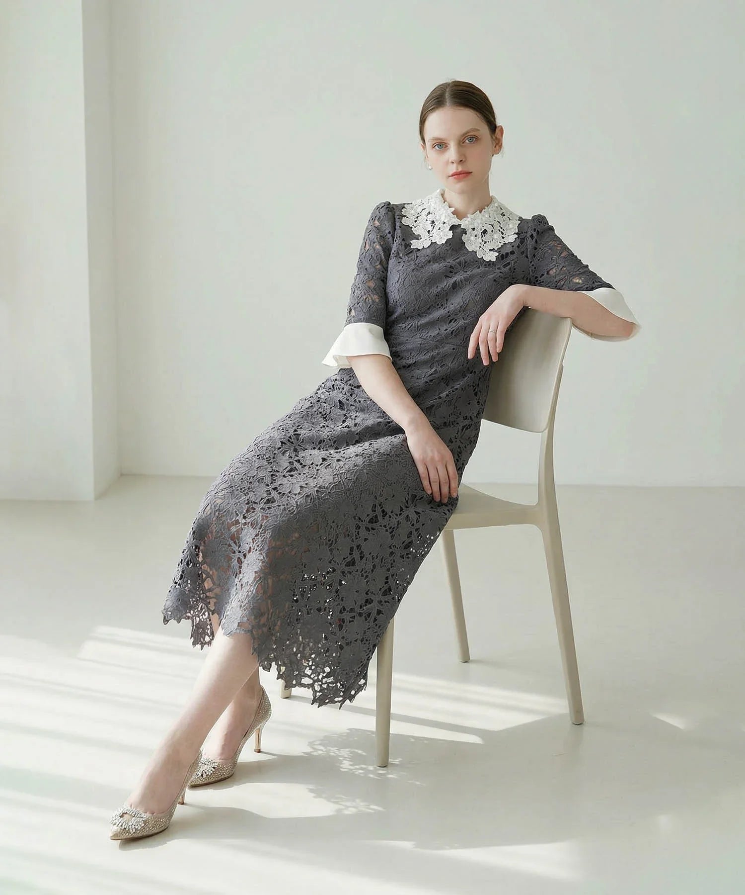 【当日発送】花柄レースカラースパンコールAラインワンピースドレス