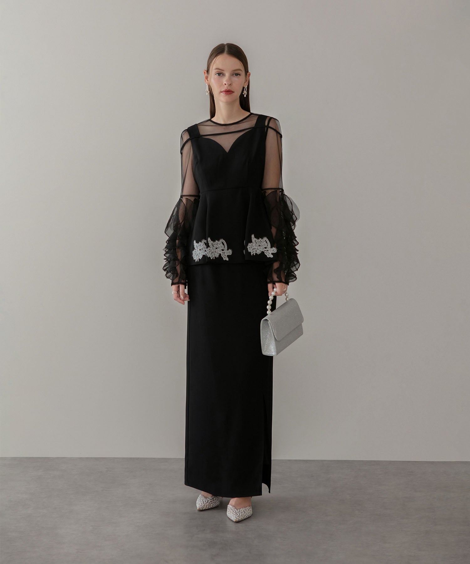 【当日発送】シアースリーブフリルペプラムタイトスカートセットアップドレス