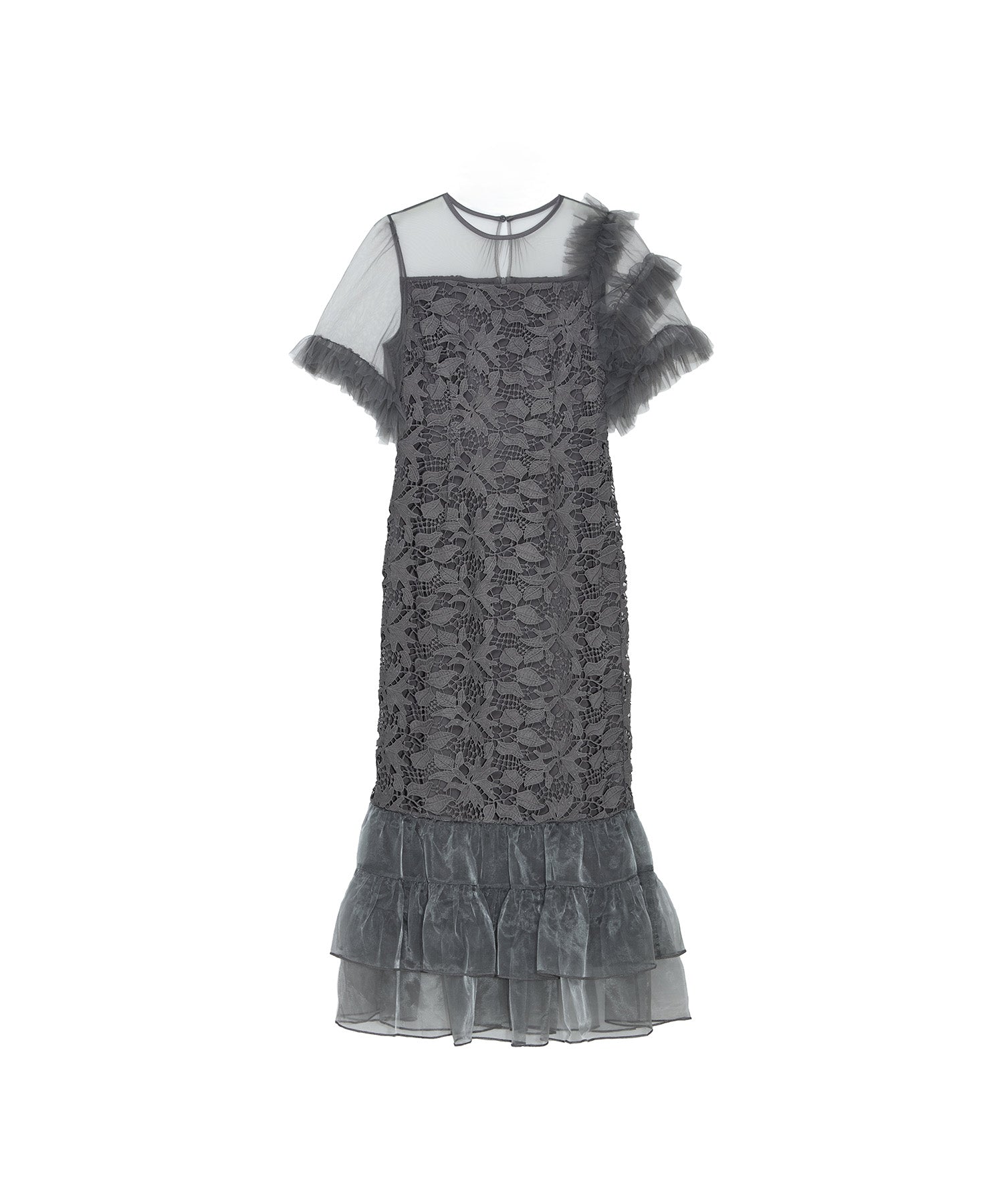 LEJA アシンメトリーチュールスリーブレースフリルヘムIラインワンピースドレス 一部当日発送】アシンメトリーチュールスリーブレースフリルヘムI