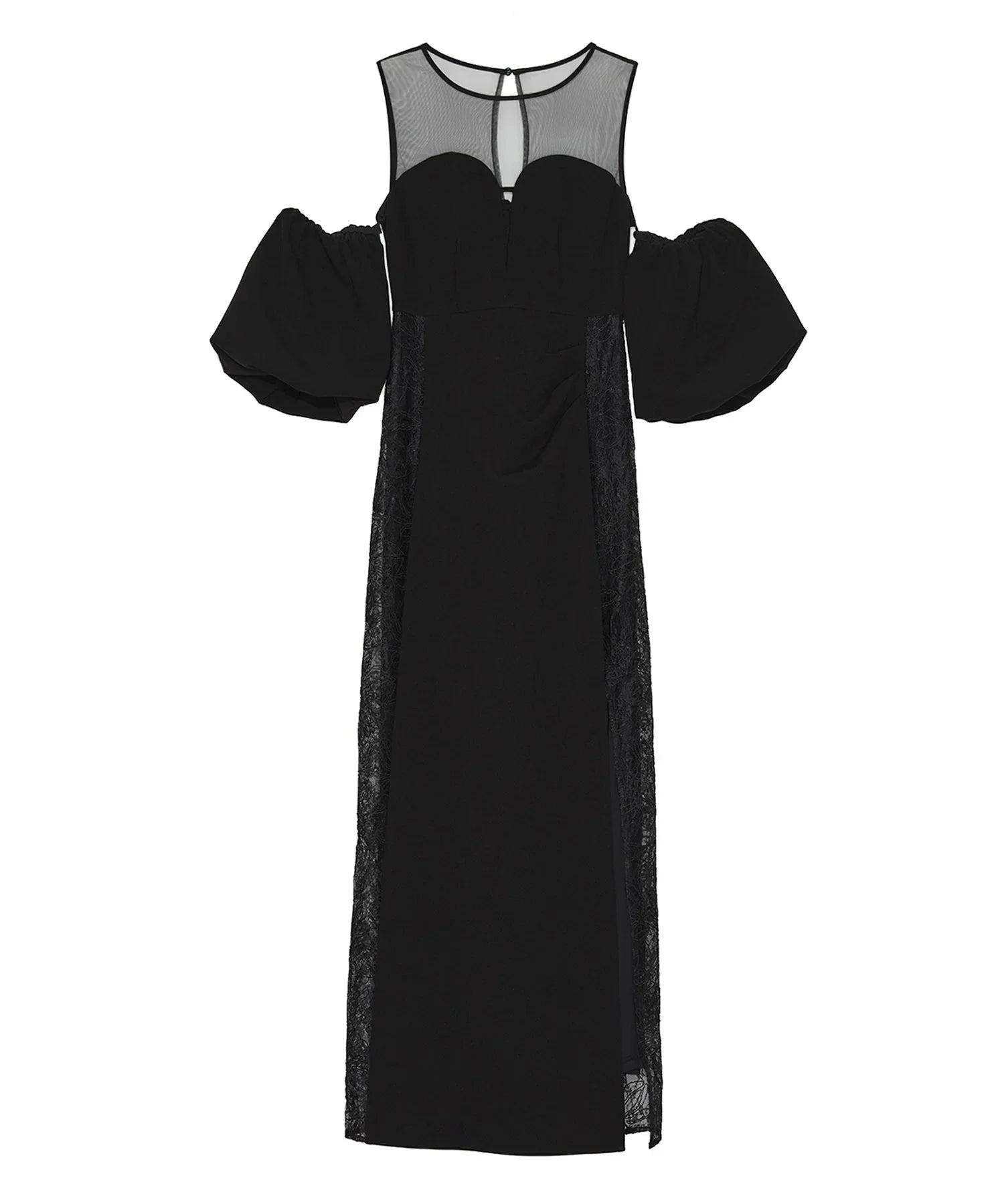 LEJA LUXE】サイドレースシアーデコルテパフスリーブスリットドレス