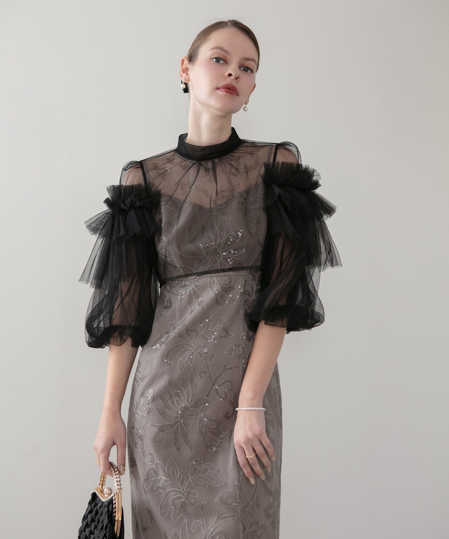 【当日発送】フリルチュールスパンコールフローラルIラインワンピースドレス