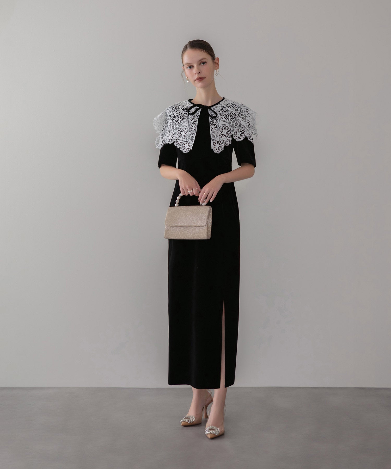 【当日発送】レースカラーベロアIラインワンピースドレス