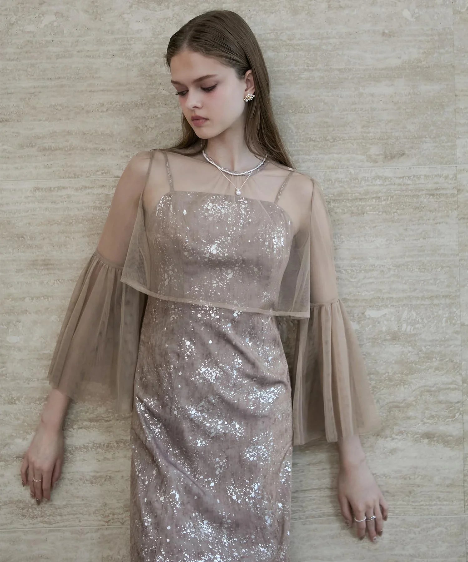 【一部当日発送】シアーチュールベルスリーブペイントIラインワンピースドレス