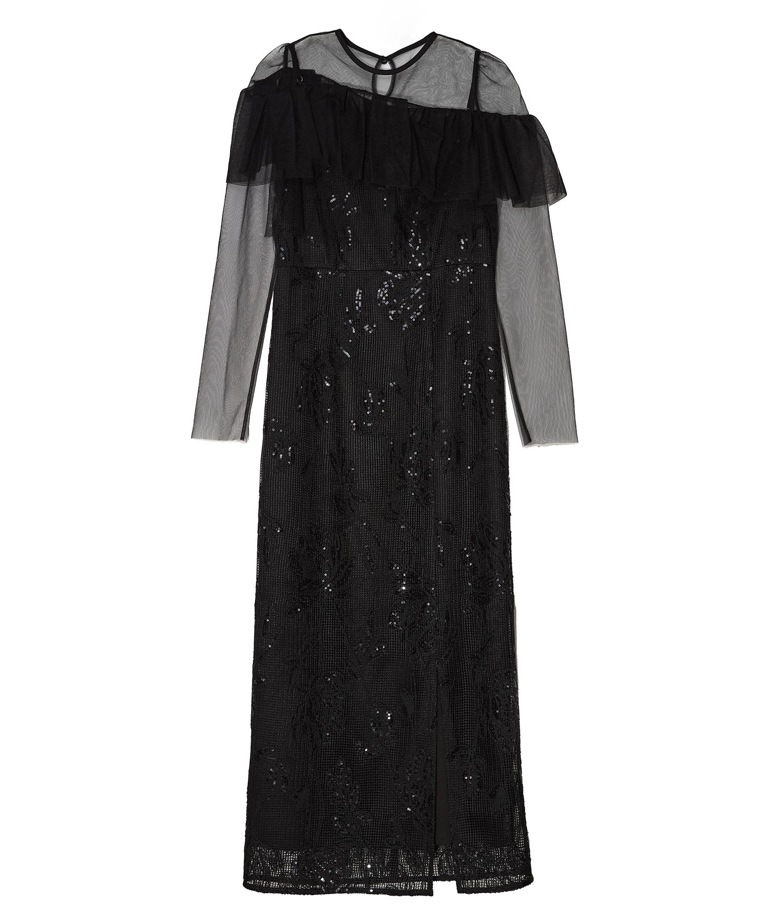 【当日発送】2WAYアシンメトリーフリルチュールフラワーIラインワンピースドレス