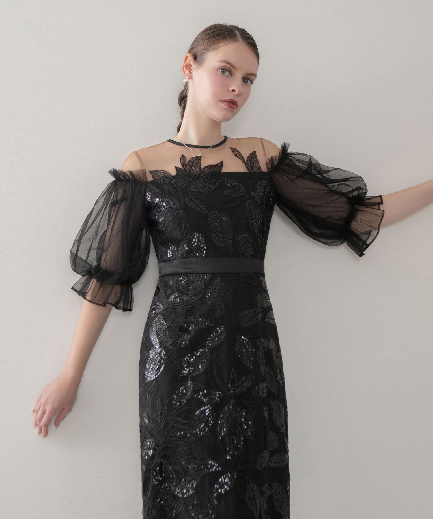 【当日発送】リーフスパンコールチュールパフスリーブIラインワンピースドレス