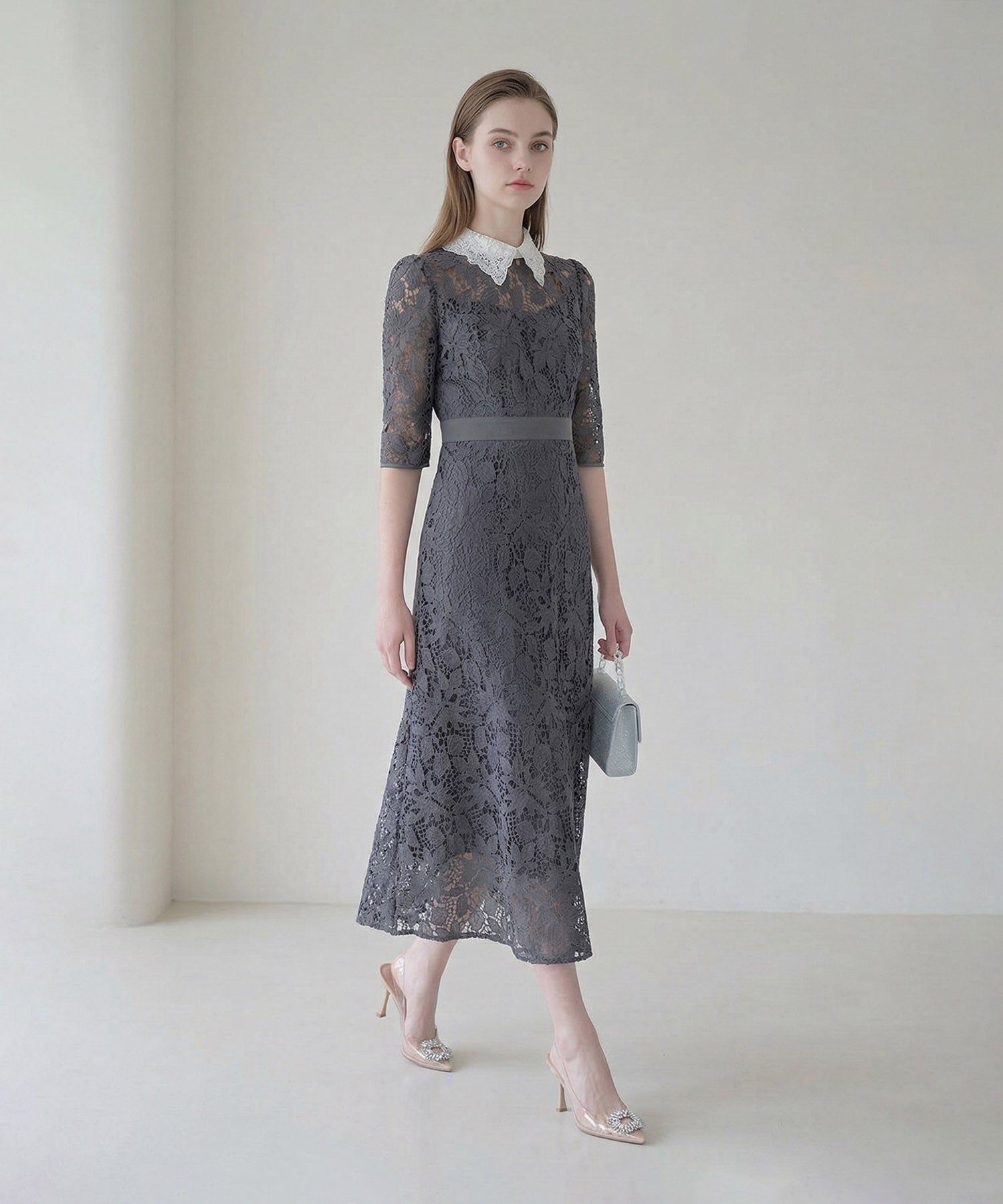 【当日発送】花柄レースビジューカラーAラインワンピースドレス