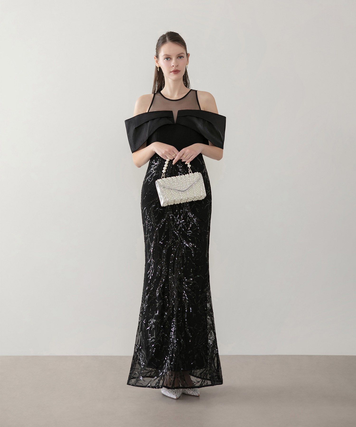 【LEJA LUXE】シースルーオフショルダーデザインスパンコールマーメイドドレス