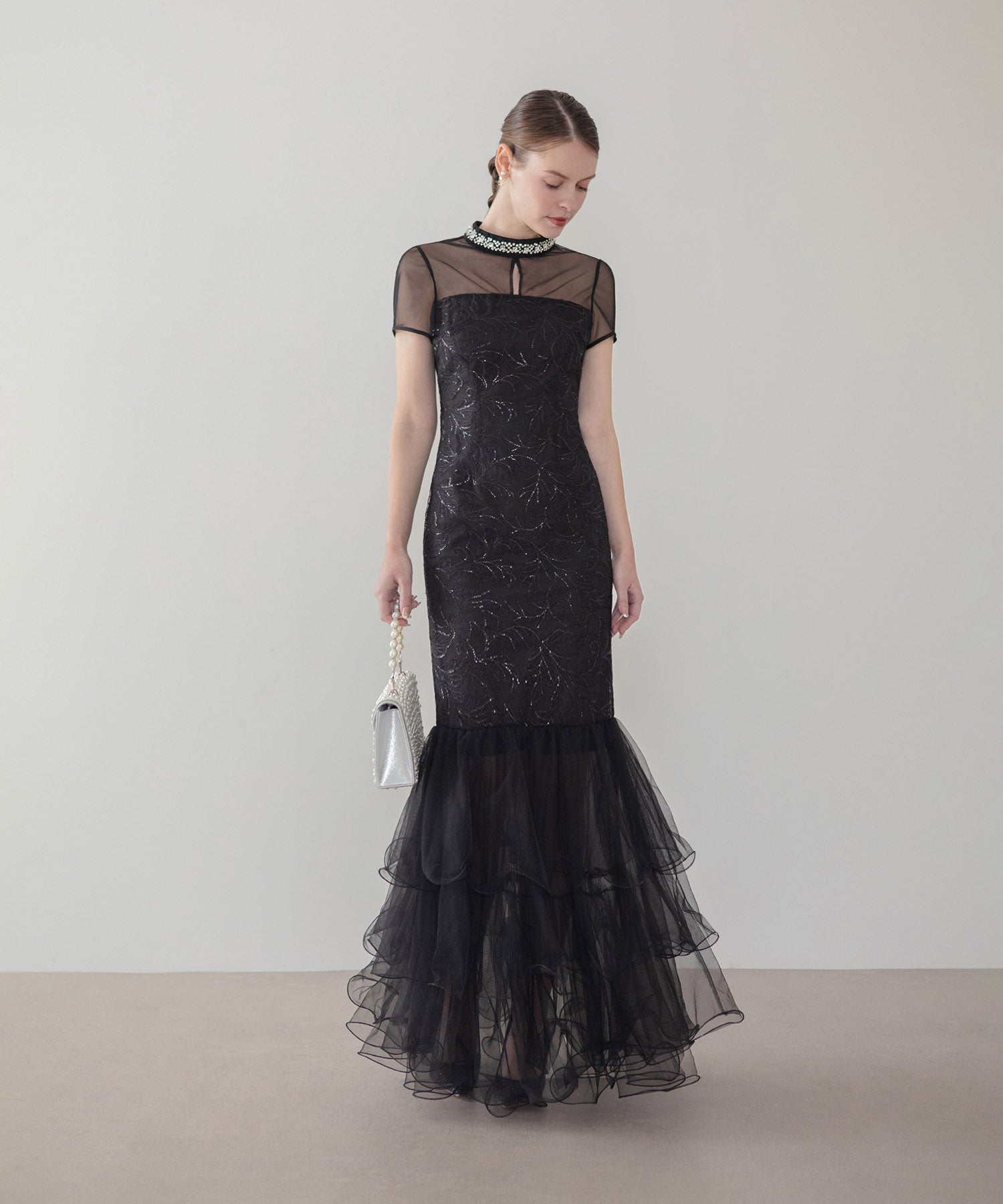 LEJA LUXE】ネックビジュースパンコールシアーティアードマーメイドドレス