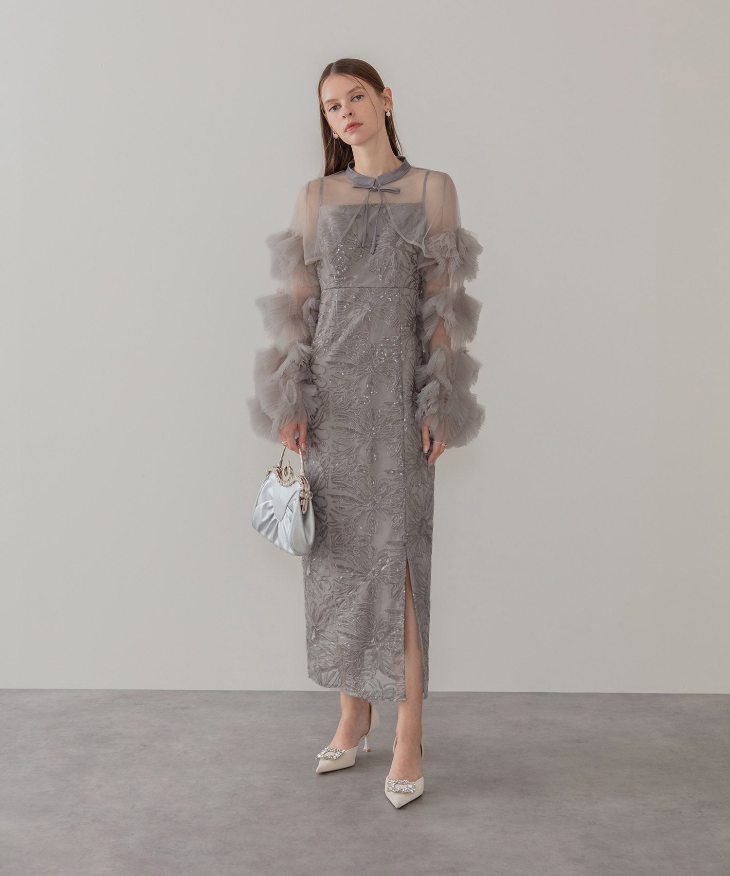 【一部当日発送】フリルチュールスリーブリボンIラインワンピースドレス