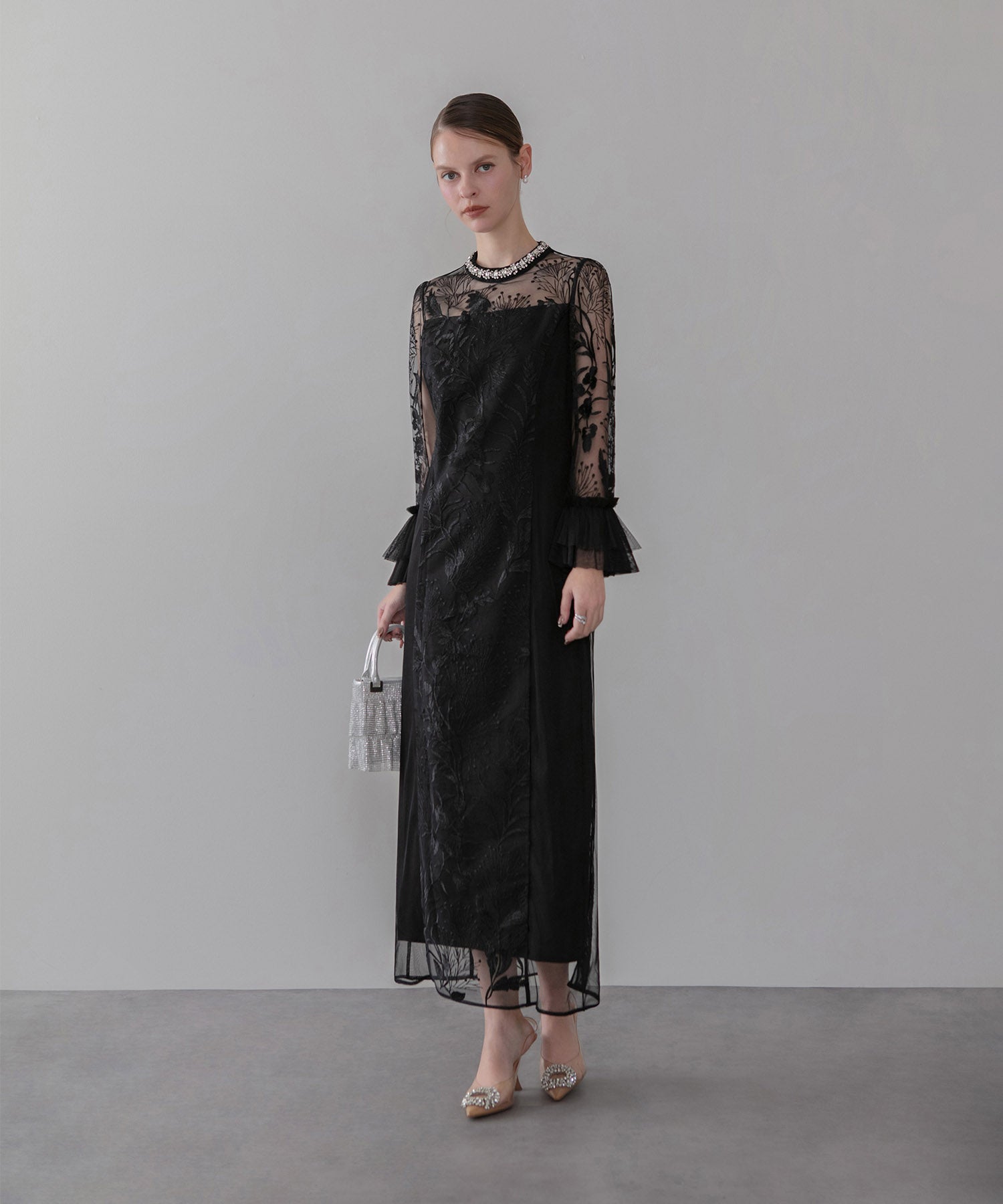 【当日発送】フラワーレースジュエルカラーIラインワンピースドレス