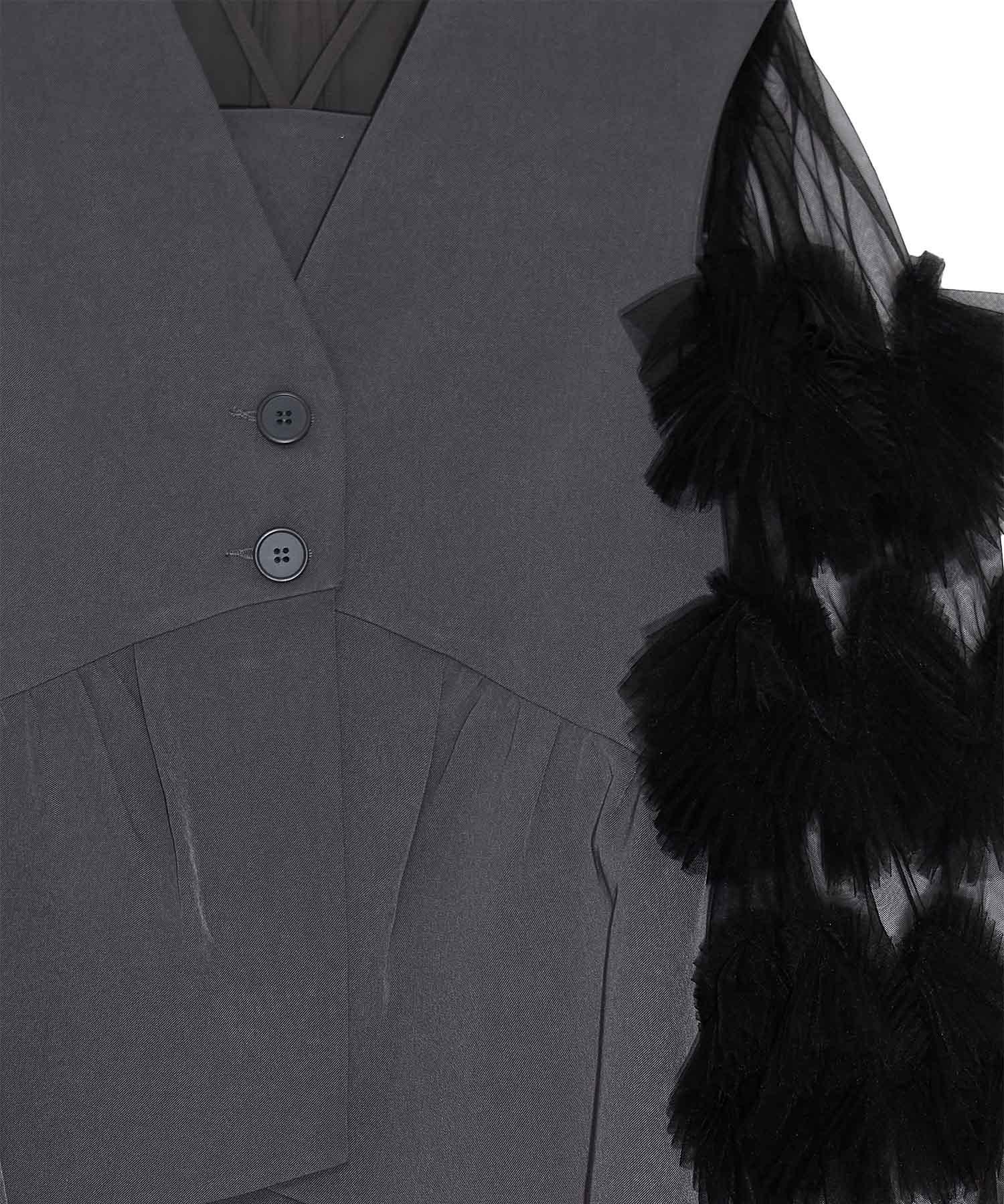 【当日発送】チュールフリルスリーブベストセットワンピースドレス