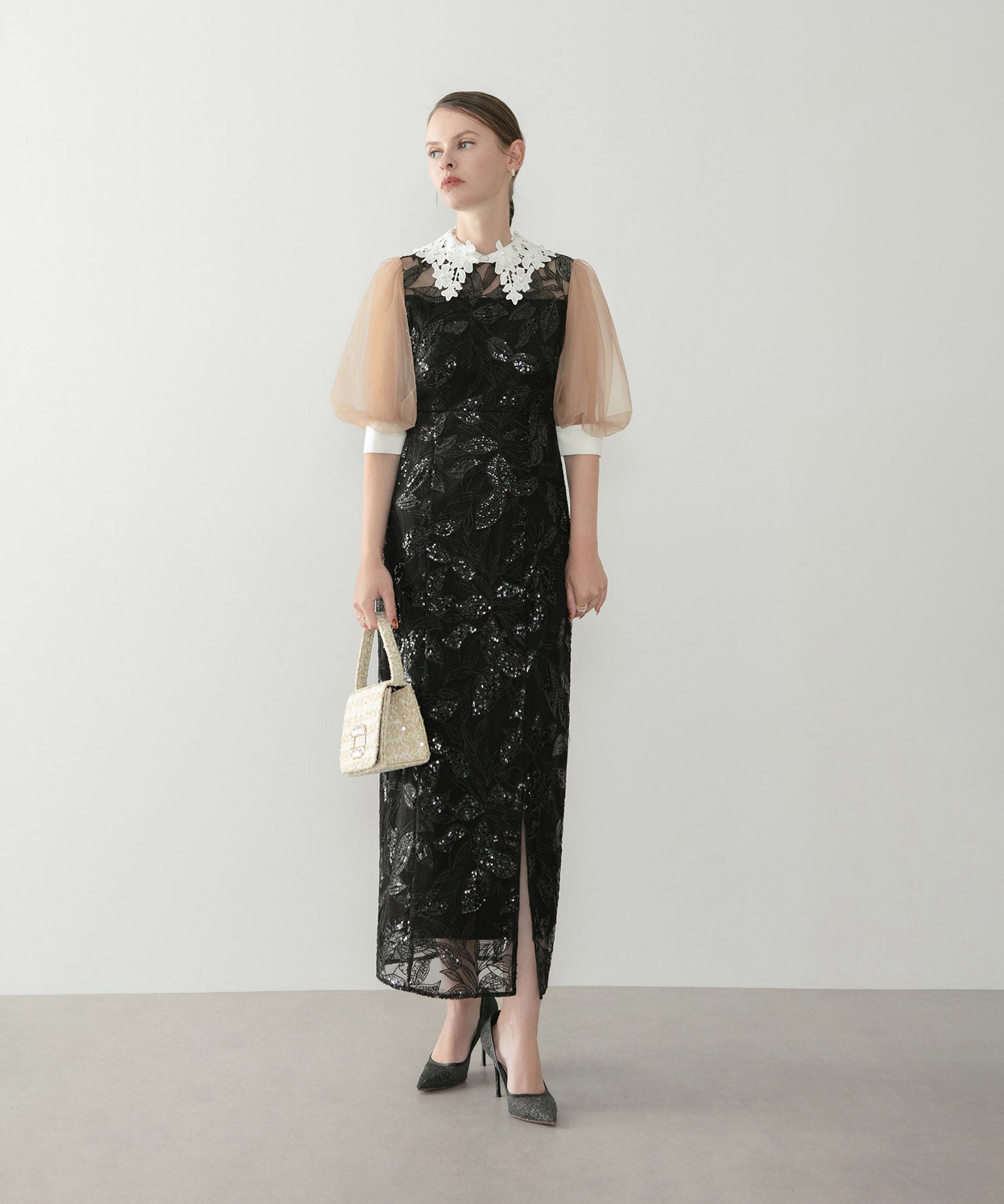 【当日発送】レースカラーリーフスパンコールパフスリーブIラインワンピースドレス