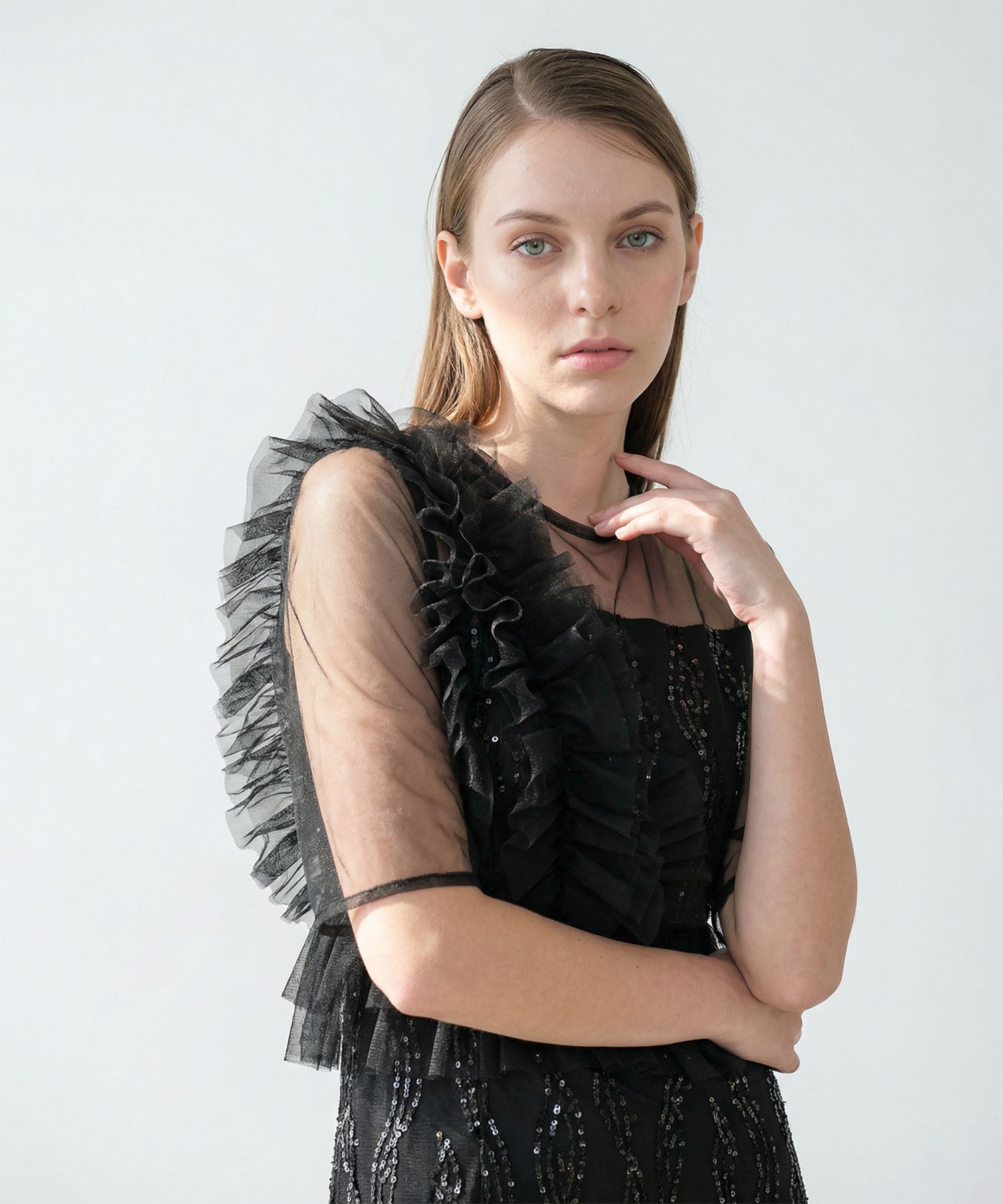 当日発送】アシンメトリーフリルチュールIラインワンピースドレス