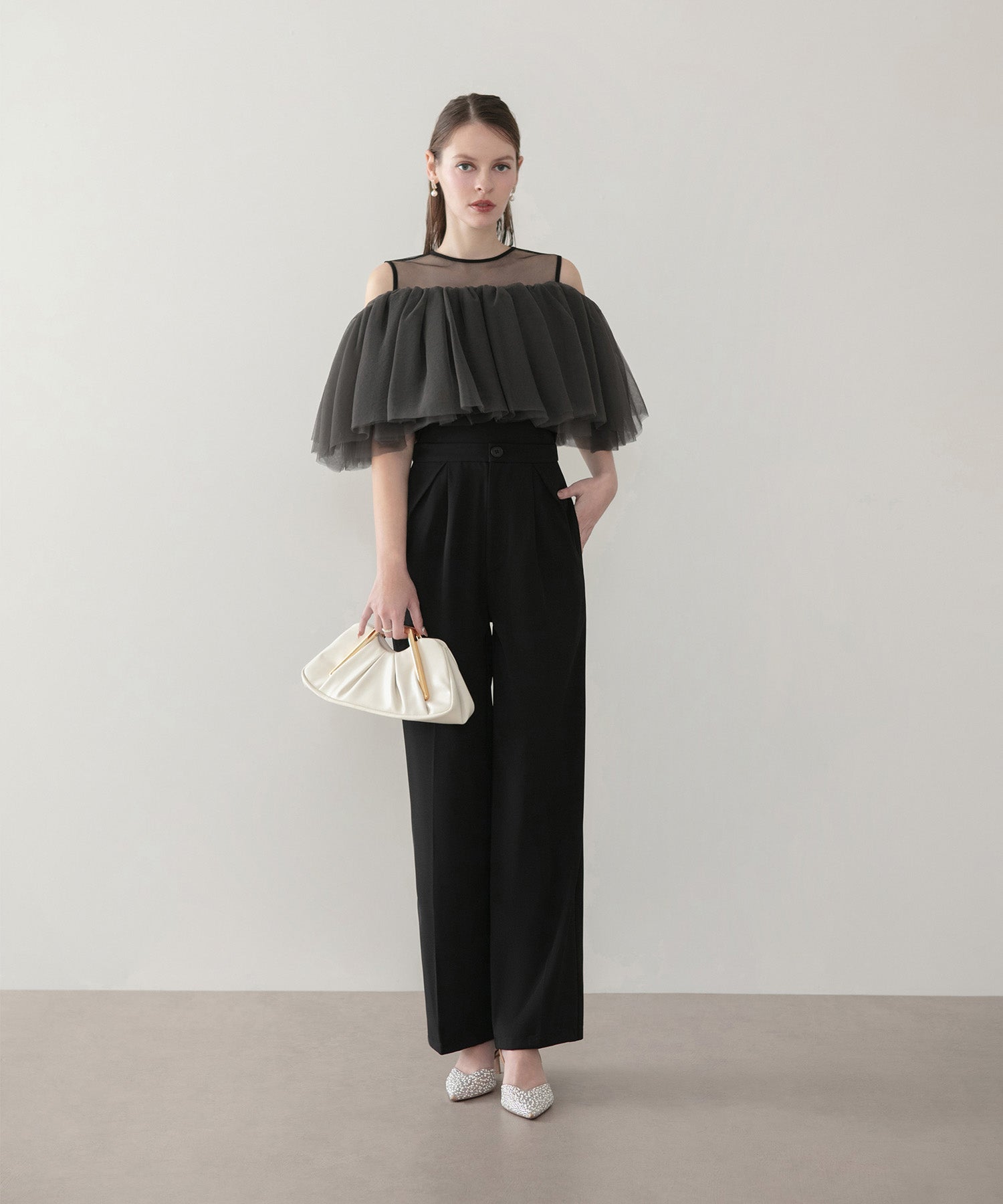 【当日発送】シアーチュールオフショルダーセットアップパンツドレス