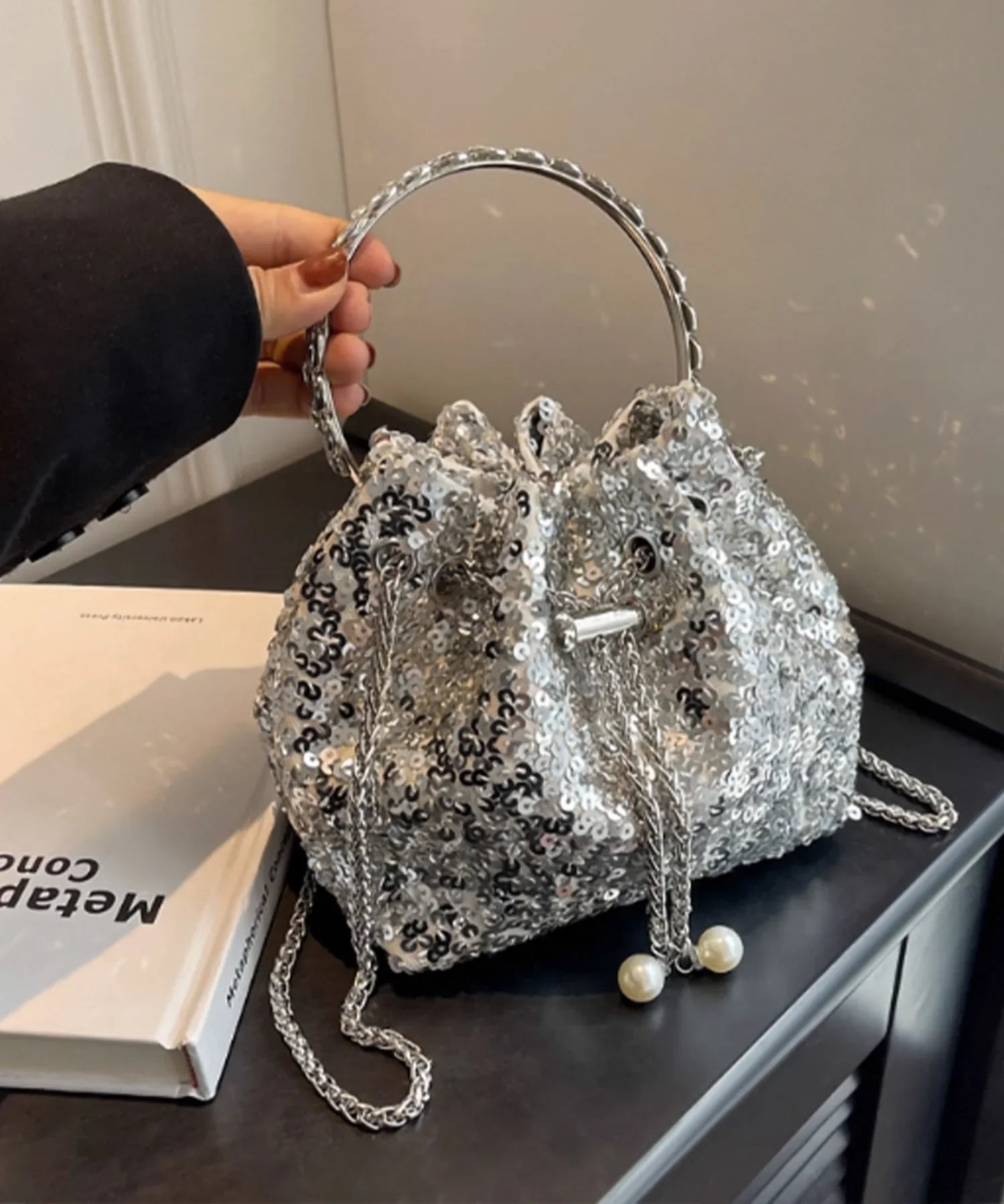 【当日発送】ビジューハンドルチェーンスパンコールバッグ