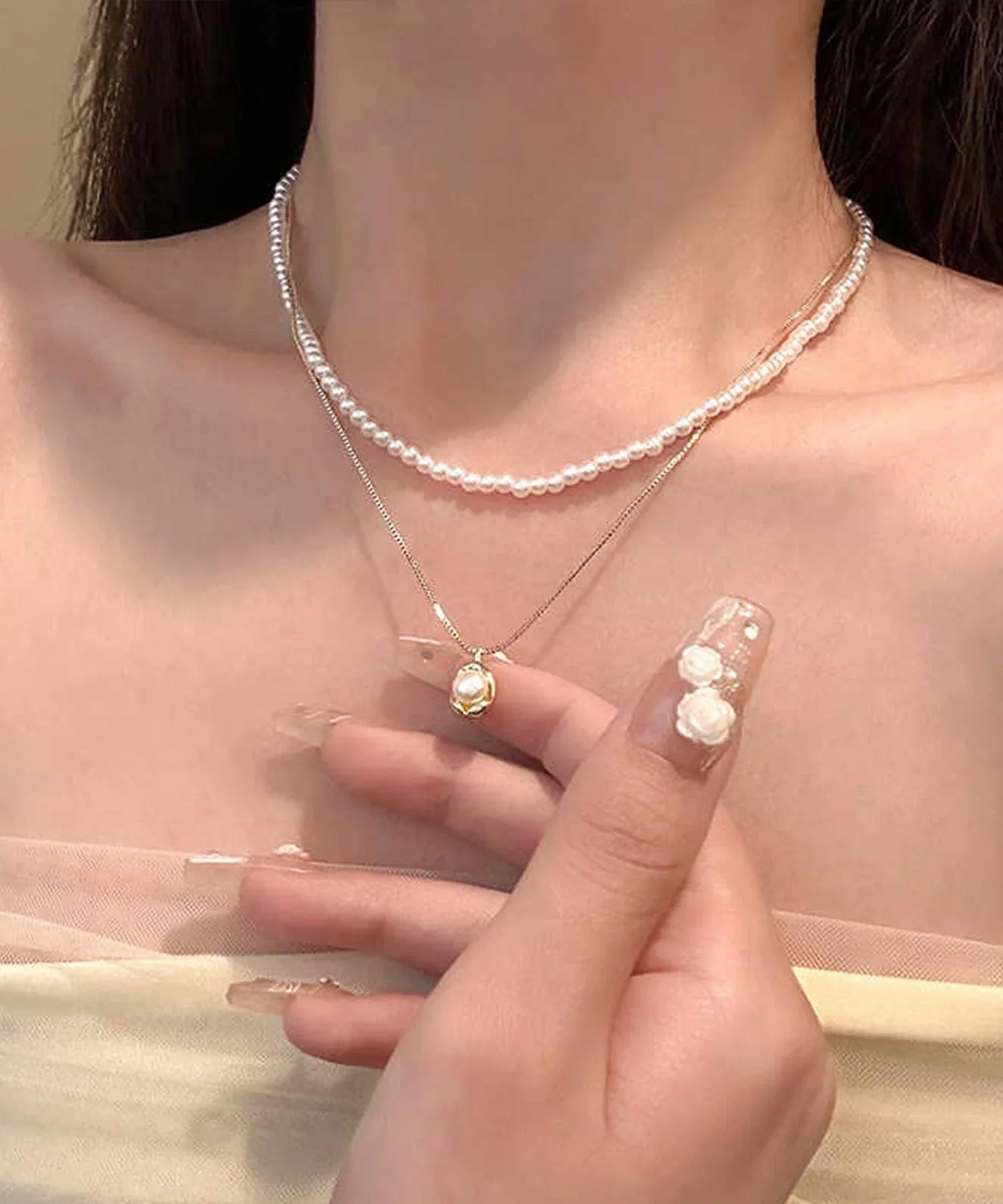 【当日発送】パール二連チェーンネックレス