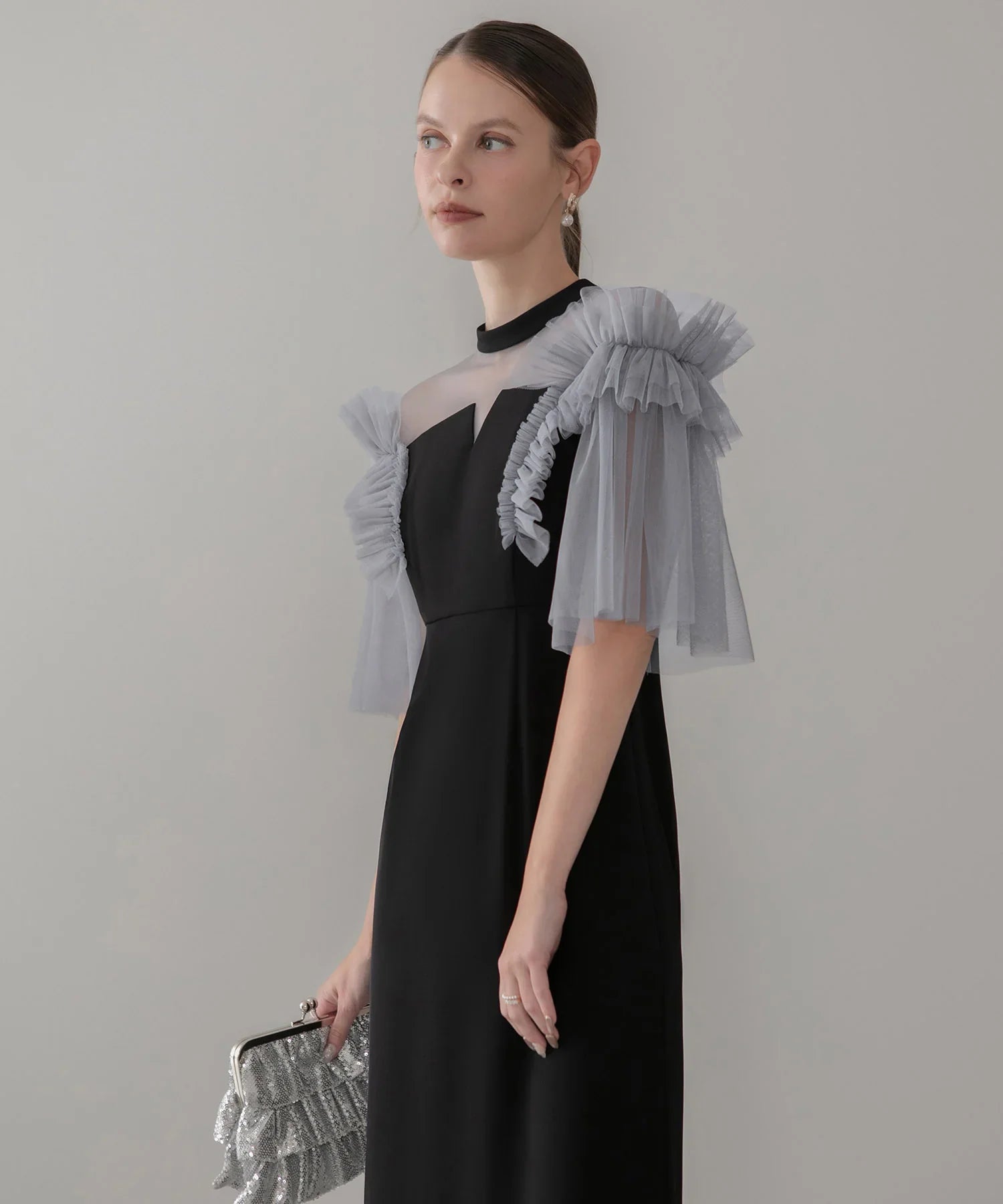 【当日発送】チュールフリルショルダーシアーIラインワンピースドレス