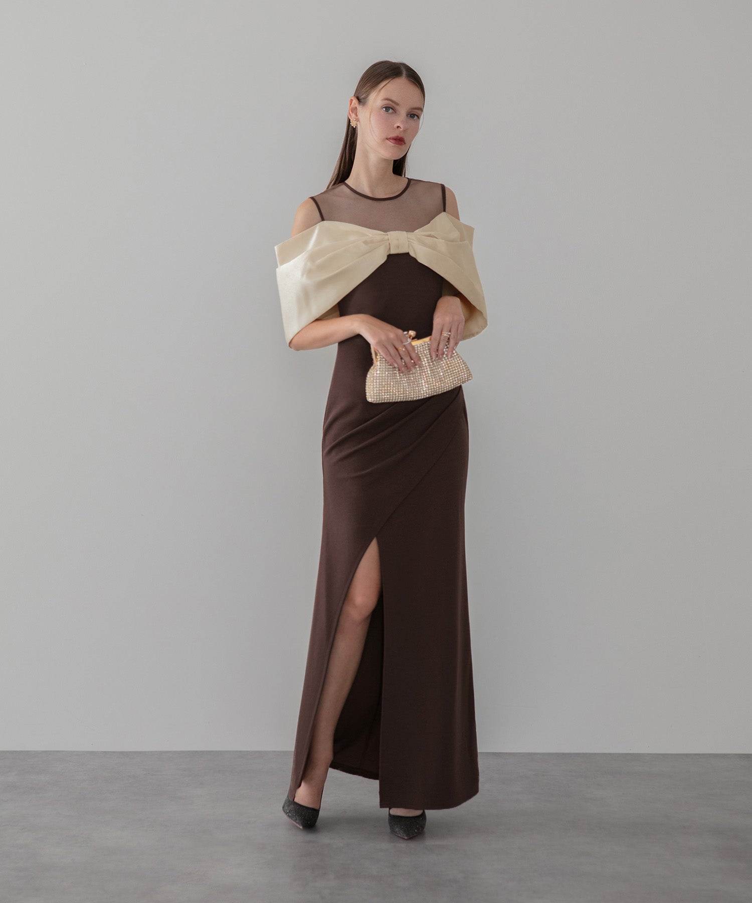 【LEJA LUXE】ビッグリボンシアーショルダードレープロングドレス