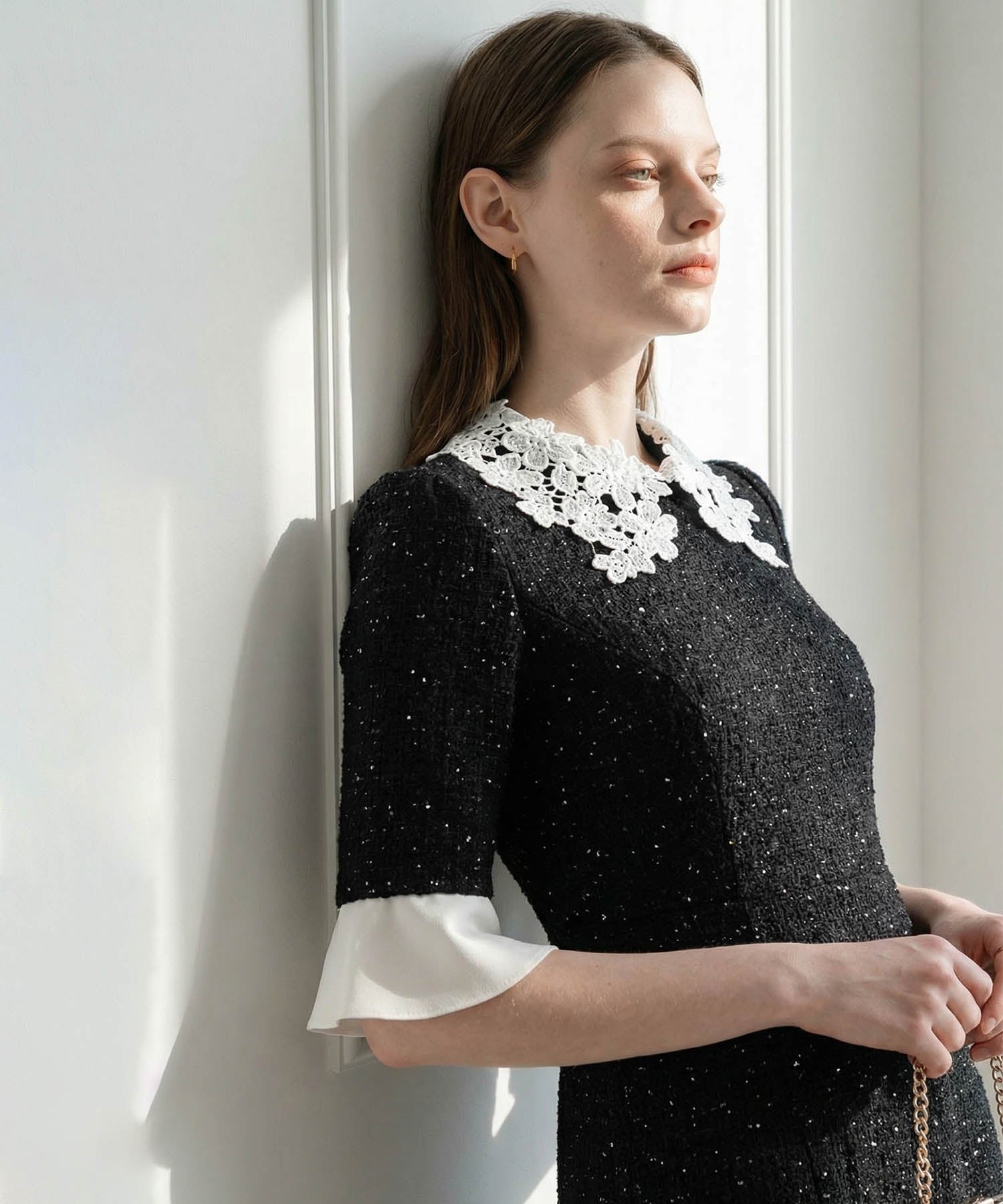 [Same-day shipping] Floral lace collar sequin A-line dress