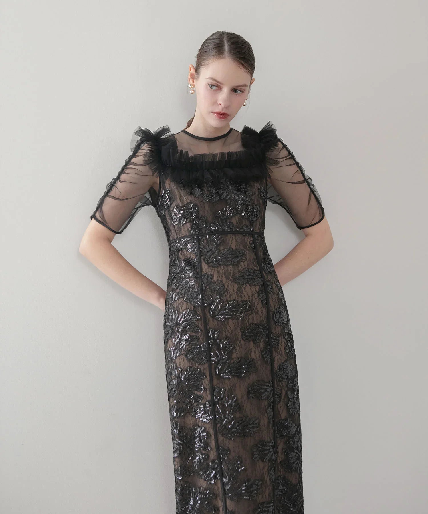 【当日発送】スクエアチュールギャザーフラワースパンコールIラインドレス