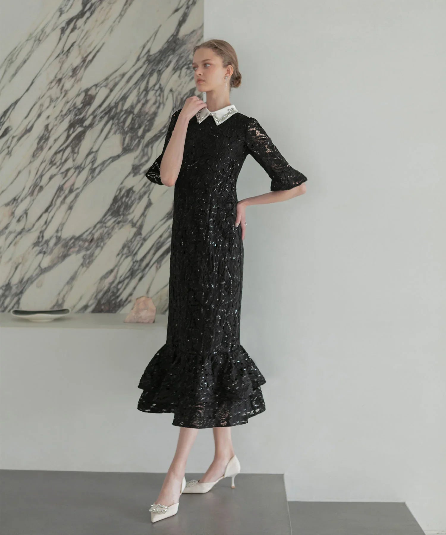 【当日発送】ビジューカラーフラワーフリルマーメイドワンピースドレス