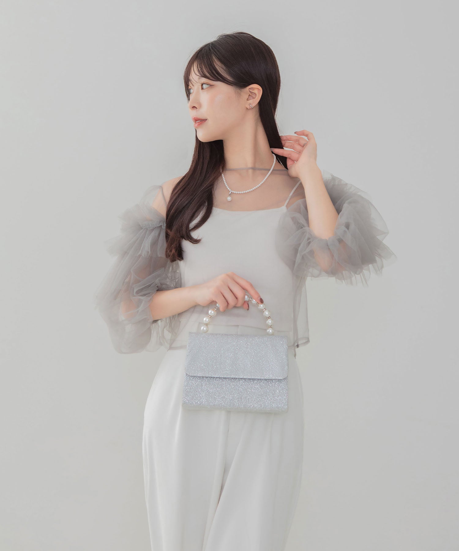 本真珠　パール　グレー ハンドバッグ 木箱付き 当日発送】2WAYパールハンドルグリッターバッグ