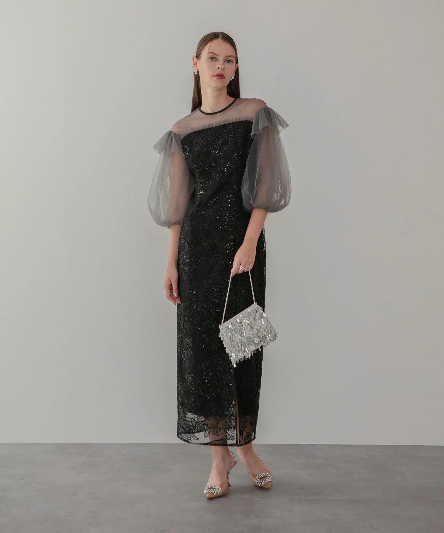 【一部当日発送】フラワースパンコールシアーフリルスリーブIラインワンピースドレス