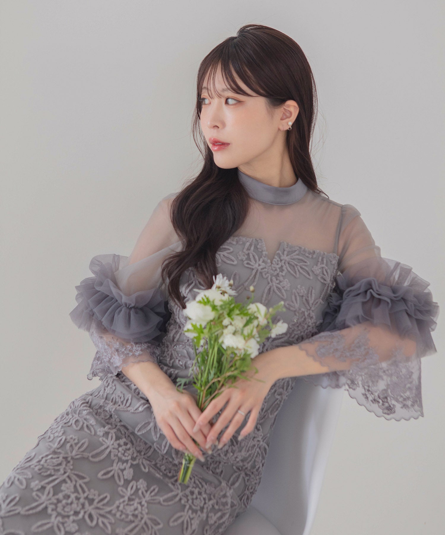 【COMING SOON】シアーチュールフラワーレースIラインワンピースドレス