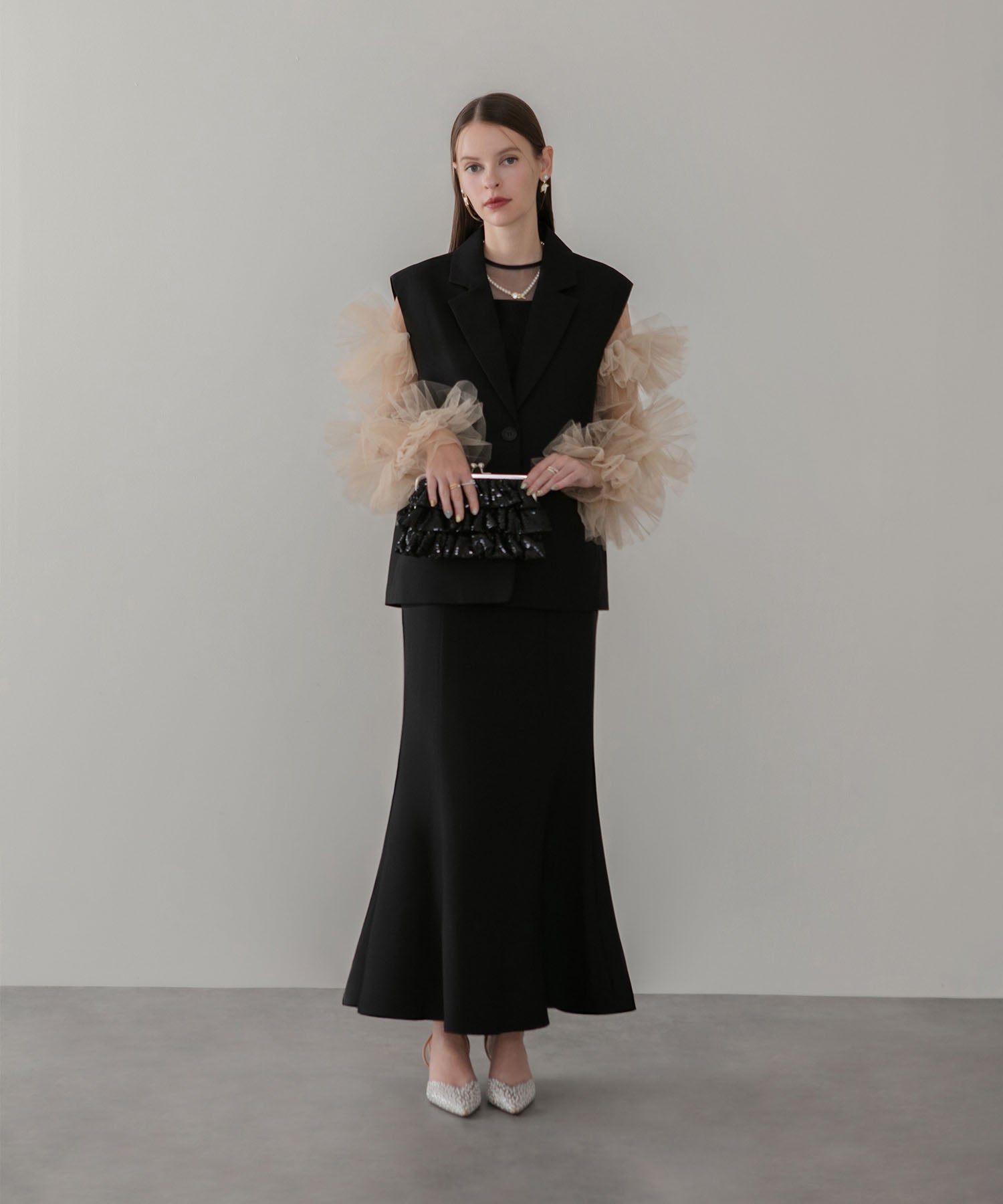 【当日発送】ボリュームチュールスリーブベストセットアップドレス