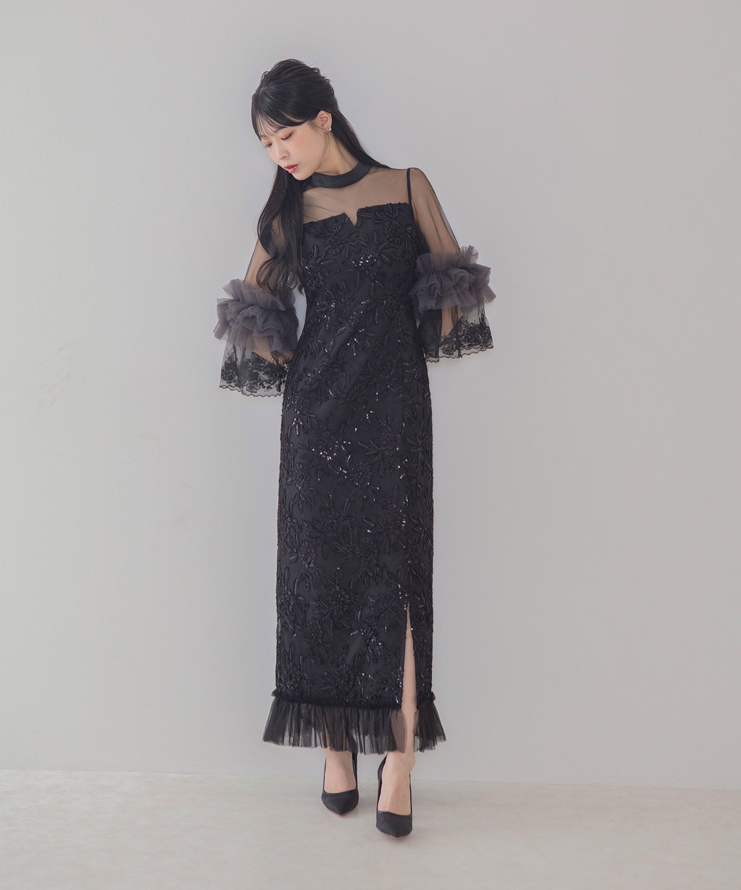 【COMING SOON】シアーチュールフラワーレースIラインワンピースドレス