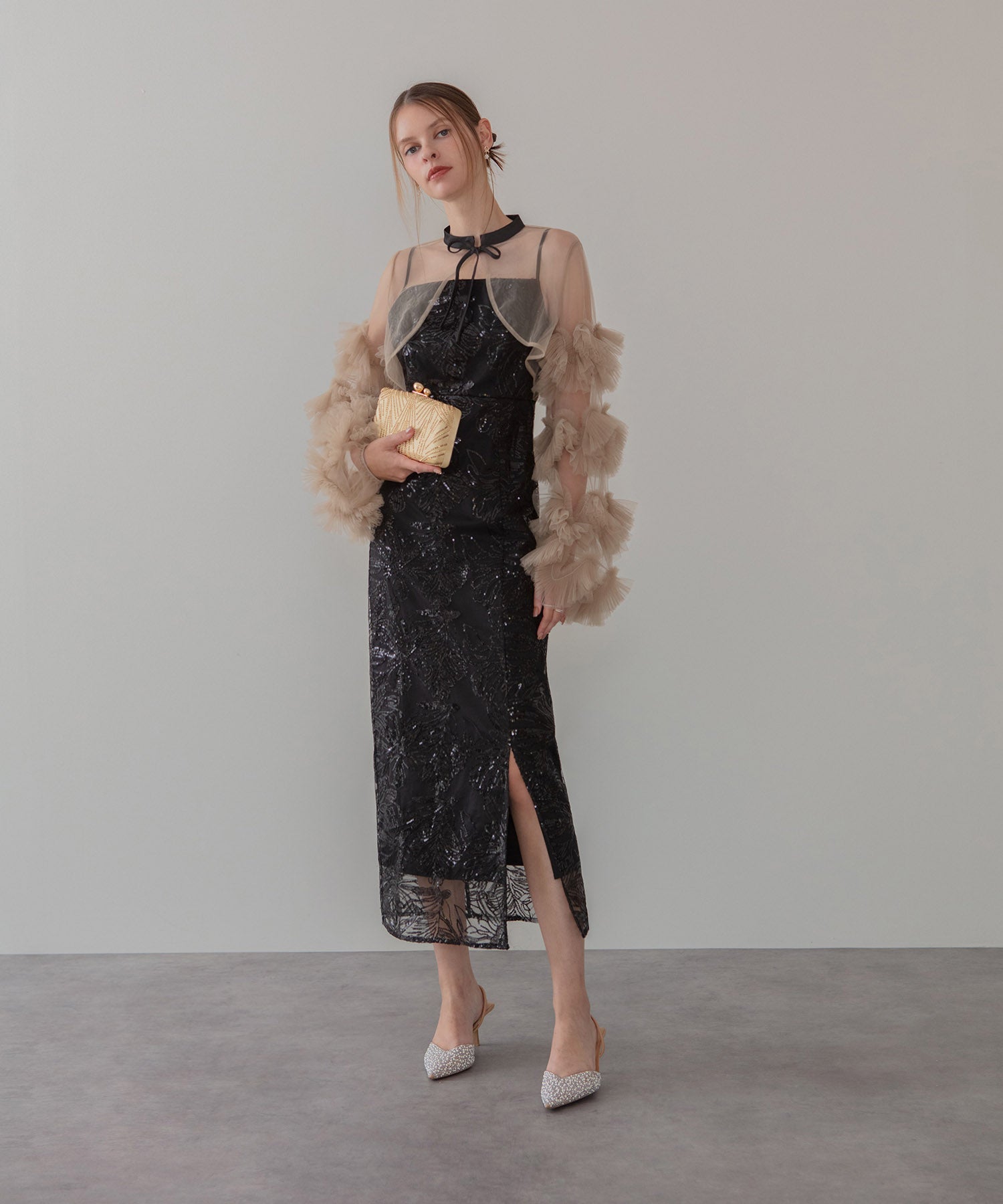 【一部当日発送】フリルチュールスリーブリボンIラインワンピースドレス